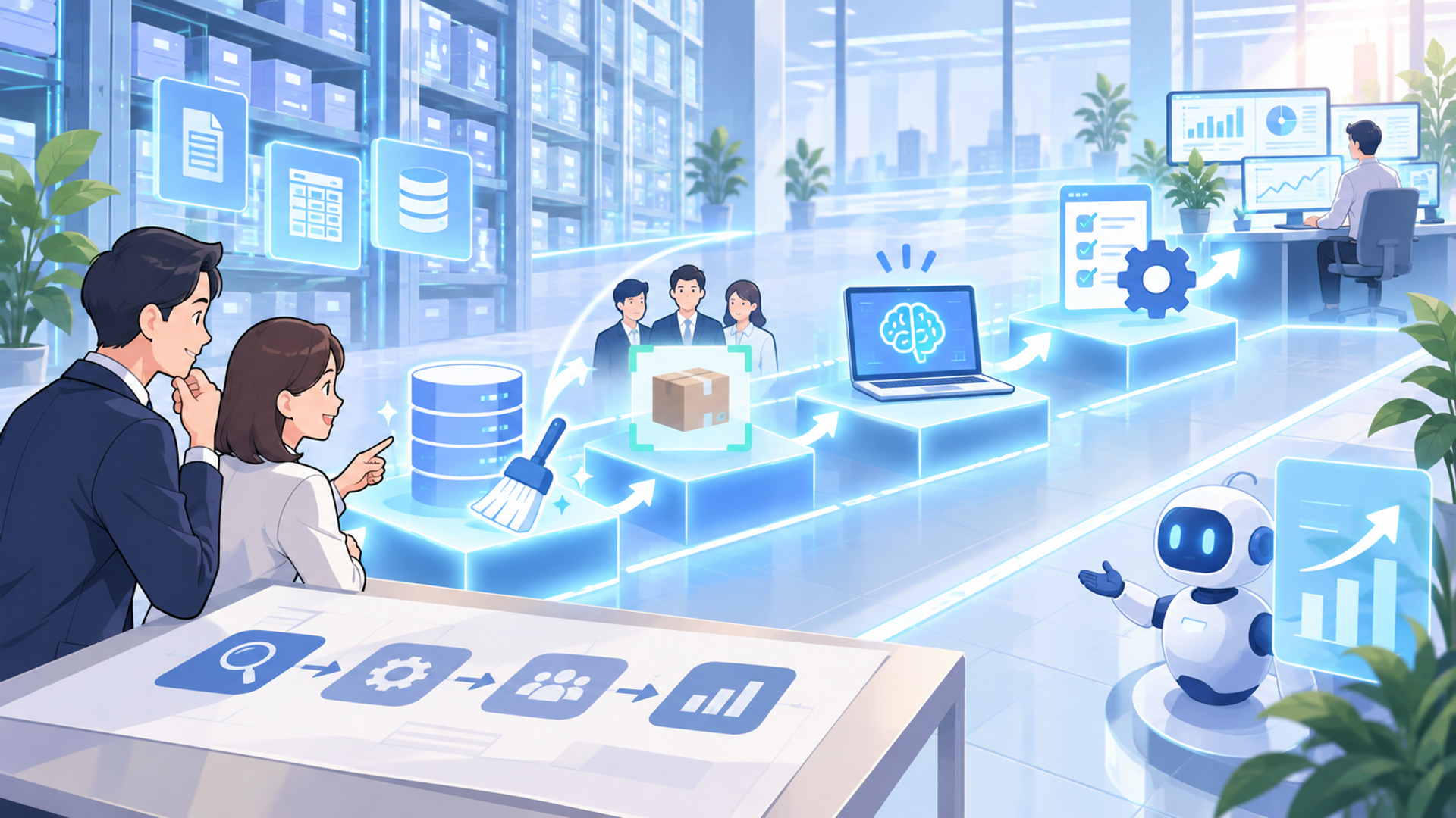 システムを導入して運用を開始するまでの手順を表す図解イラスト