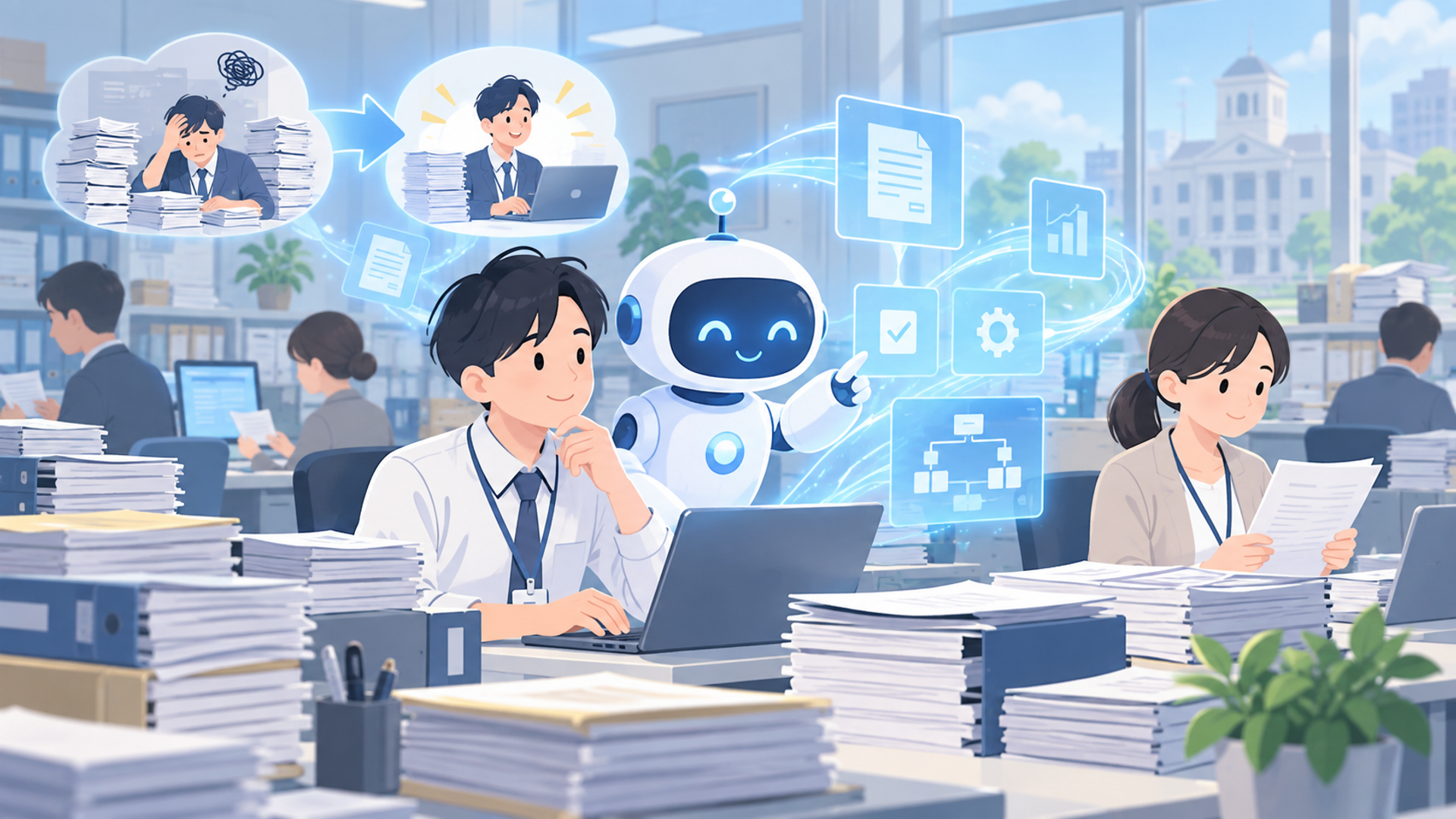 自治体の予算編成でAI活用・効率化が注目される背景を表す図解イラスト