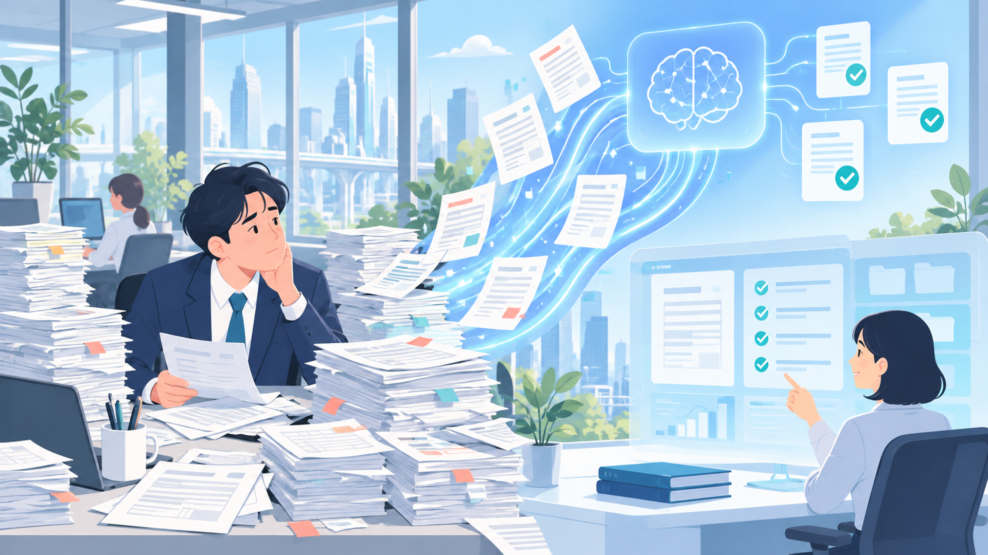 申請業務における課題とAIによる解決の方向性を表す図解イラスト