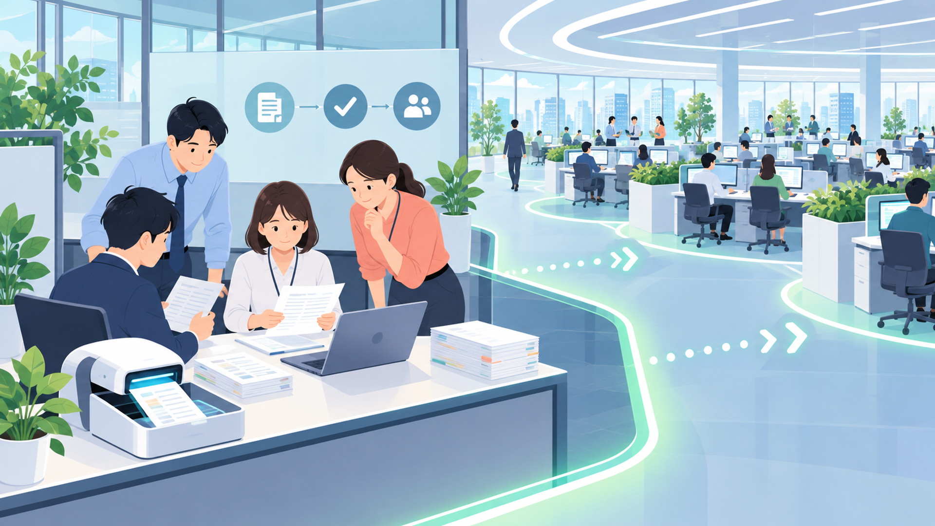 チェック業務の自動化を推進する具体的な手順を表す図解イラスト