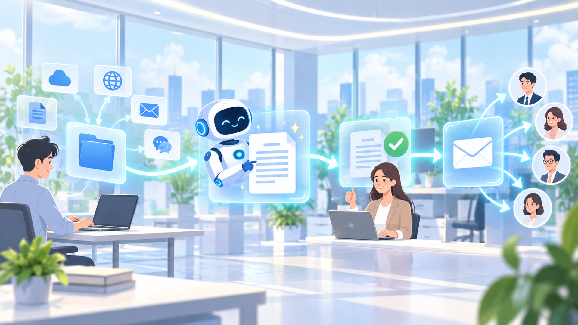 AIを活用した社内通知作成の自動化とは？業務効率化の仕組みを解説を表す図解イラスト