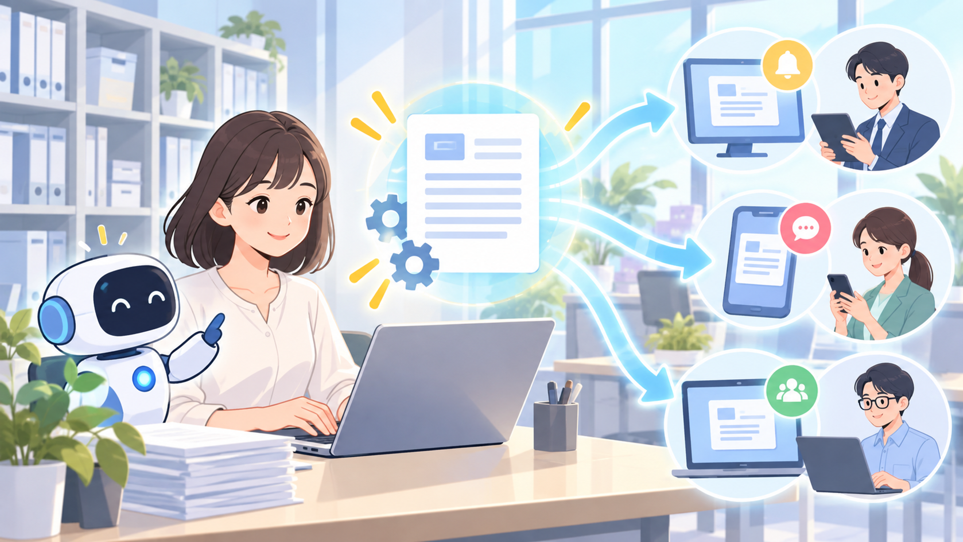社内通知の作成を自動化する3つのメリットを表す図解イラスト