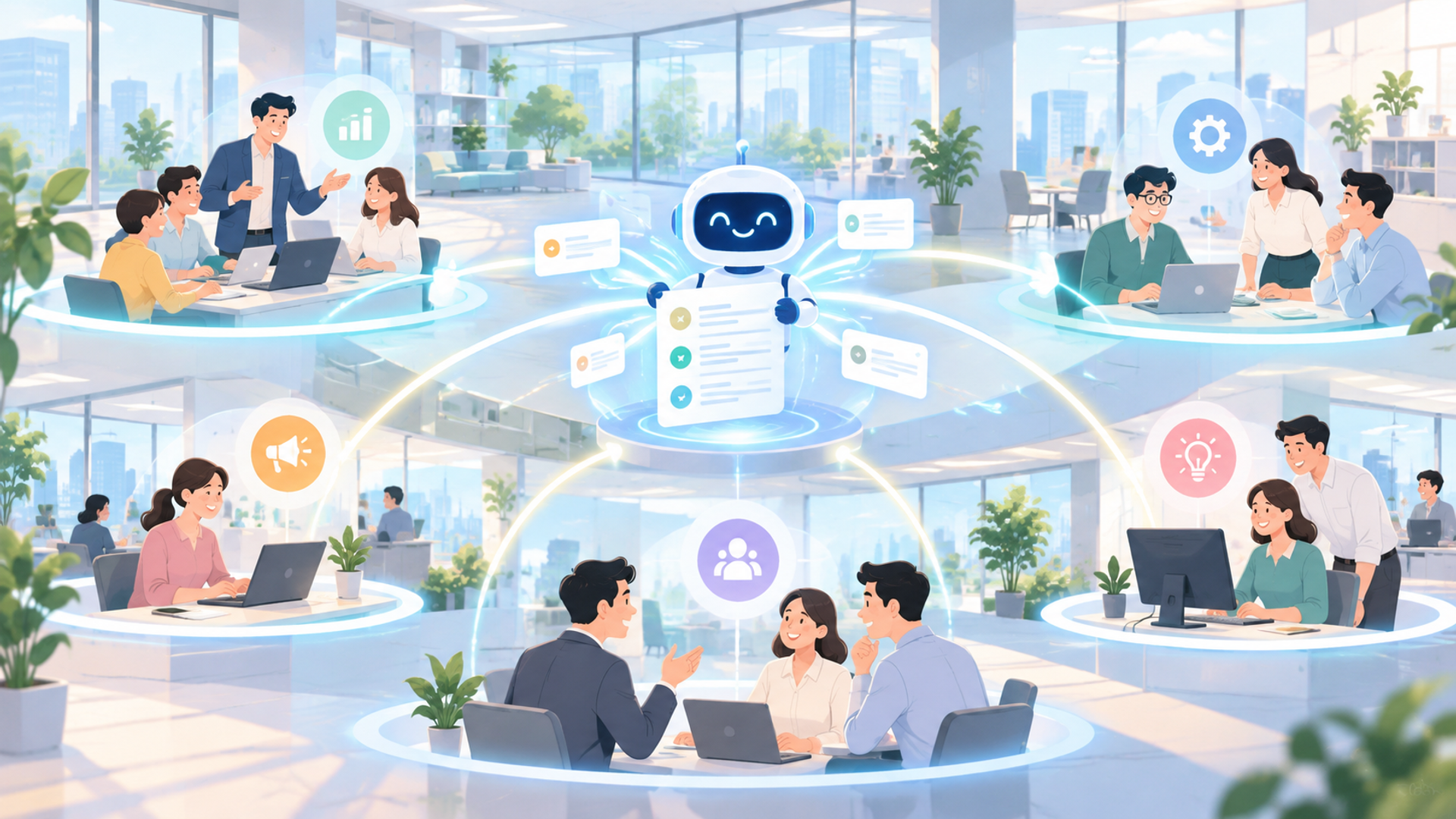 社内通知の自動化がもたらす組織コミュニケーションの変化を表す図解イラスト