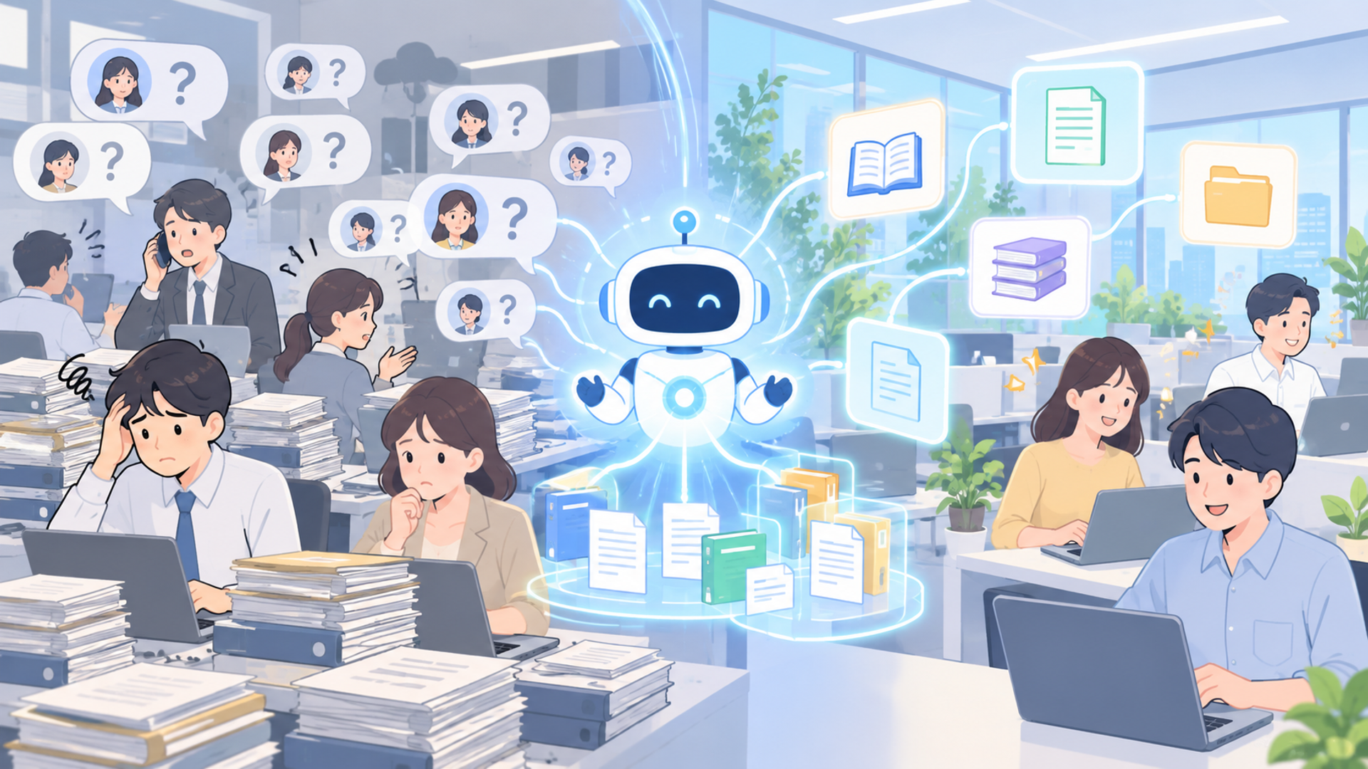社内問い合わせ対応における現状の課題とAI活用の背景を表す図解イラスト