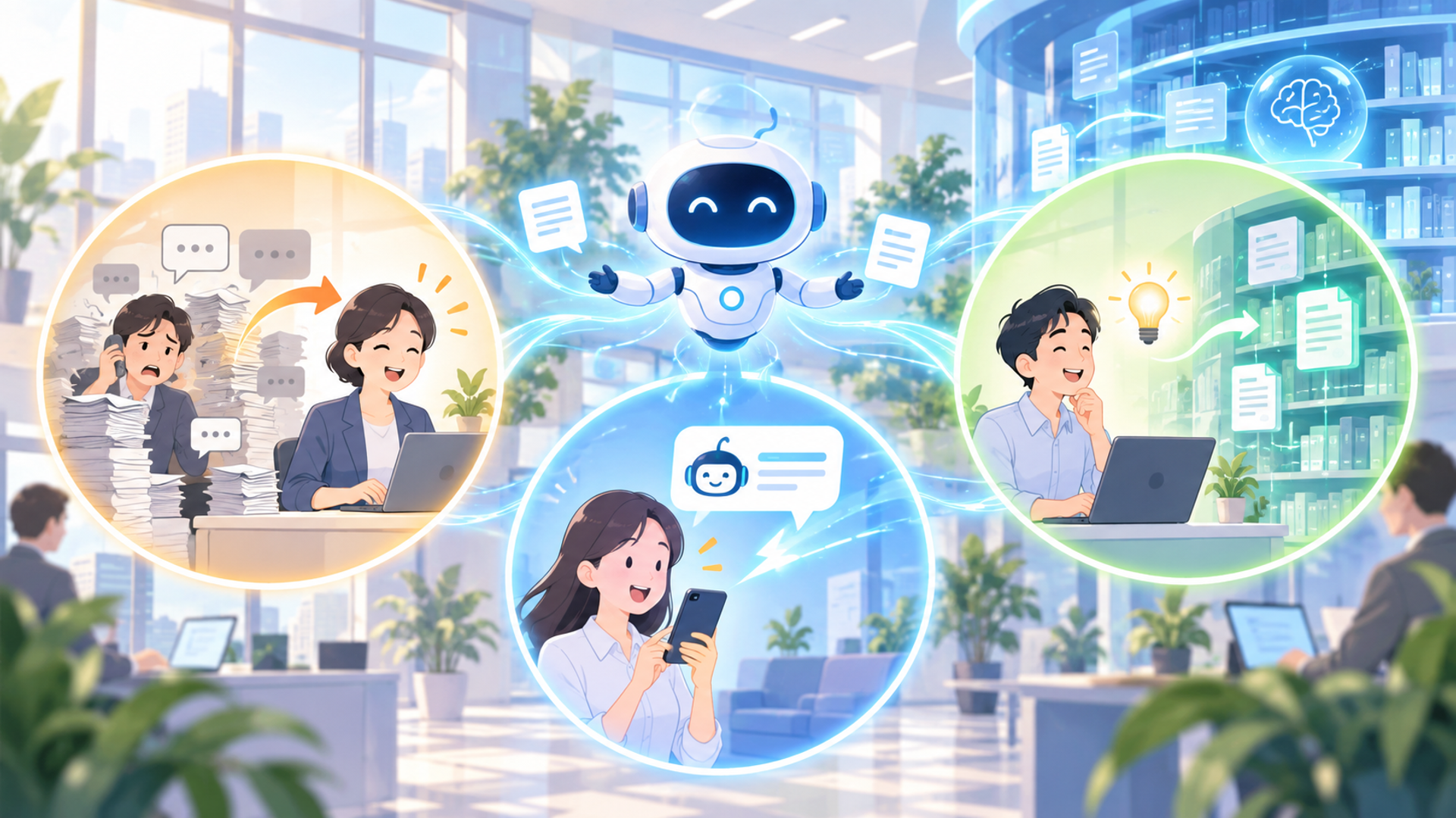 社内依頼の受付をAIで自動化する3つのメリットを表す図解イラスト