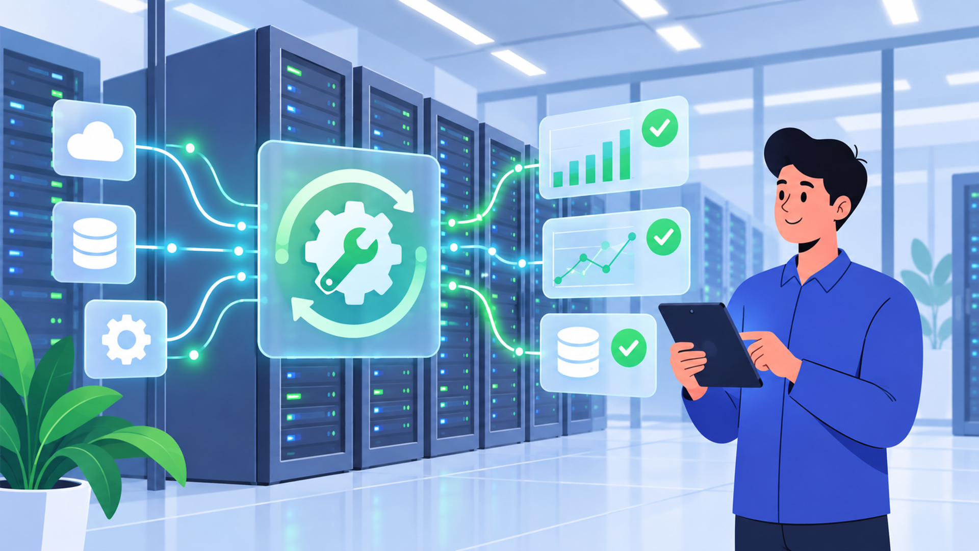 運用開始後のメンテナンスとデータ精度の担保を表す図解イラスト