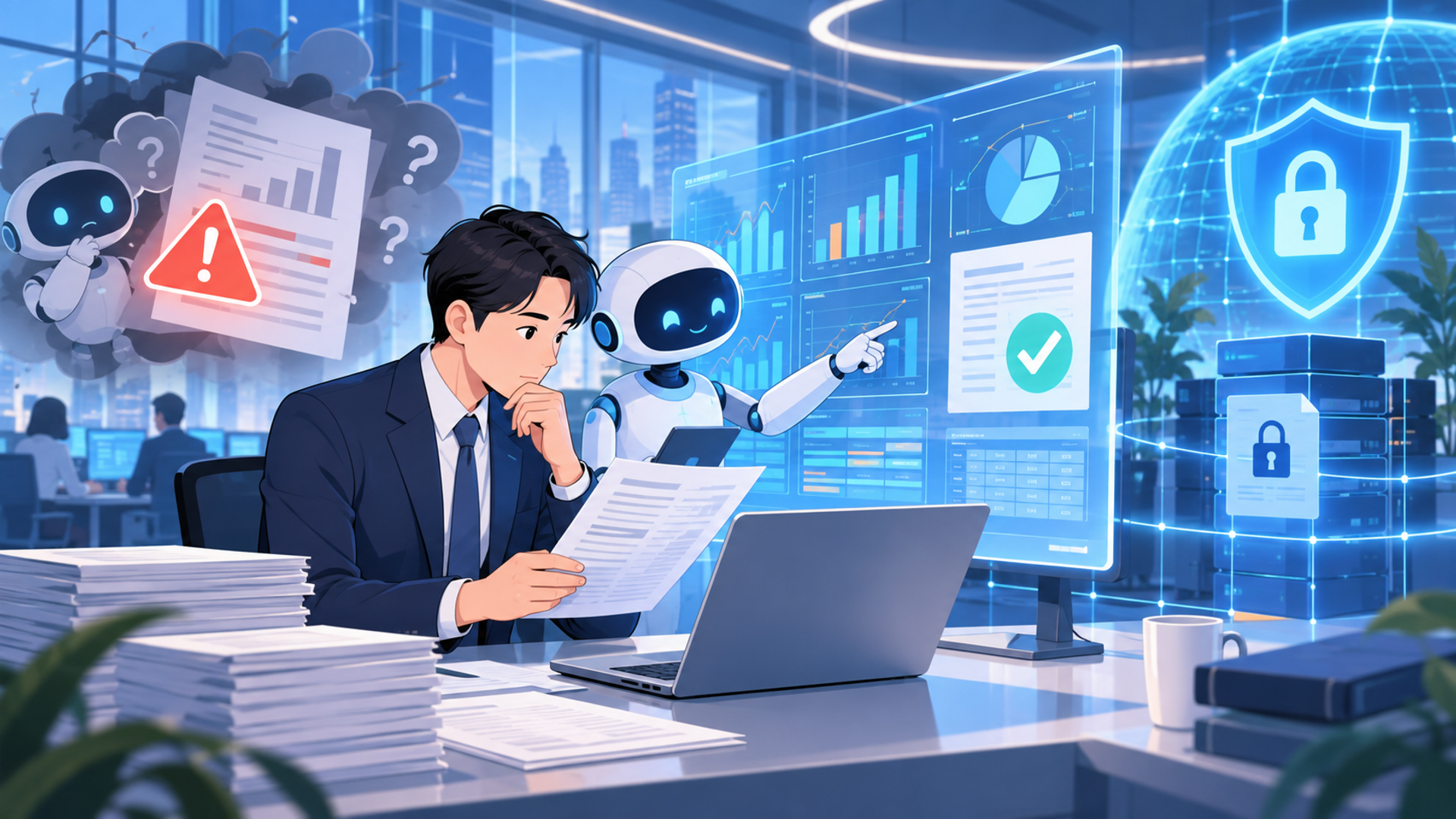 AIを活用した月次レポート作成での注意点と対策を表す図解イラスト