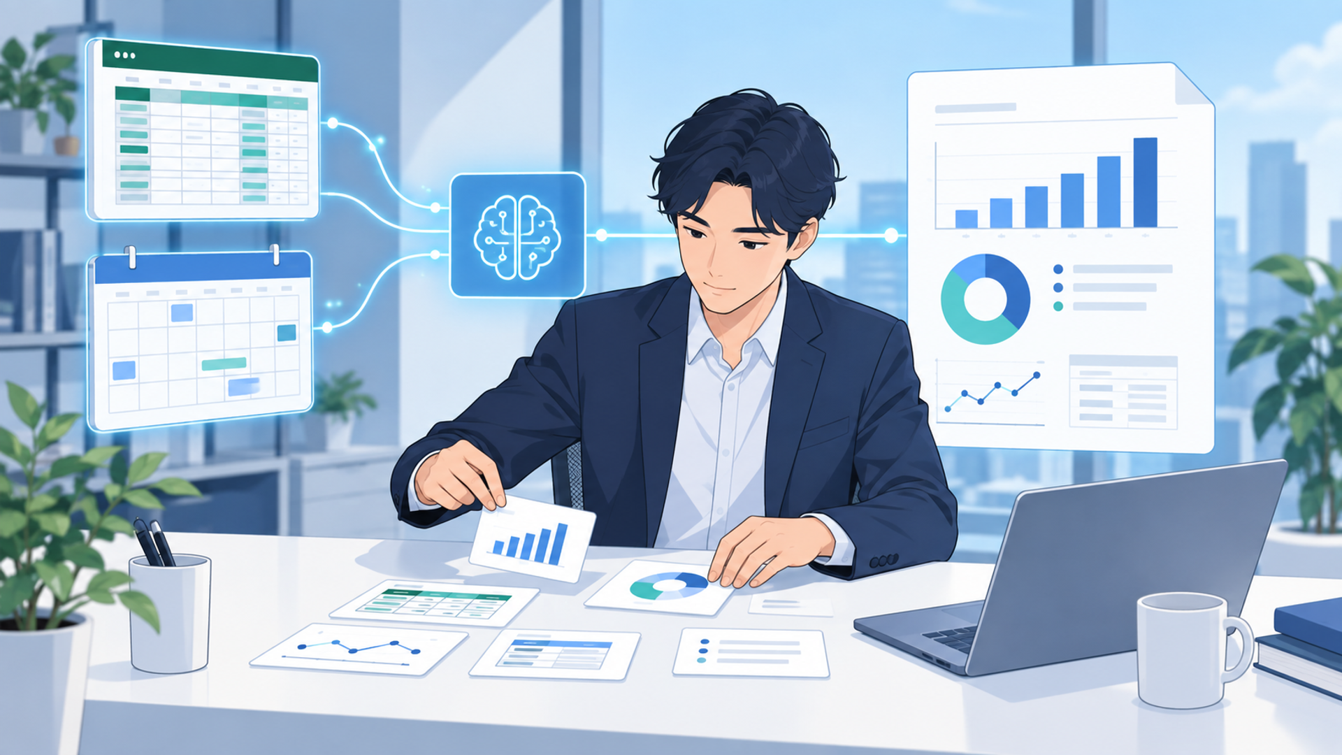 AIで定例資料の更新を自動化する仕組みとデータの流れを表す図解イラスト