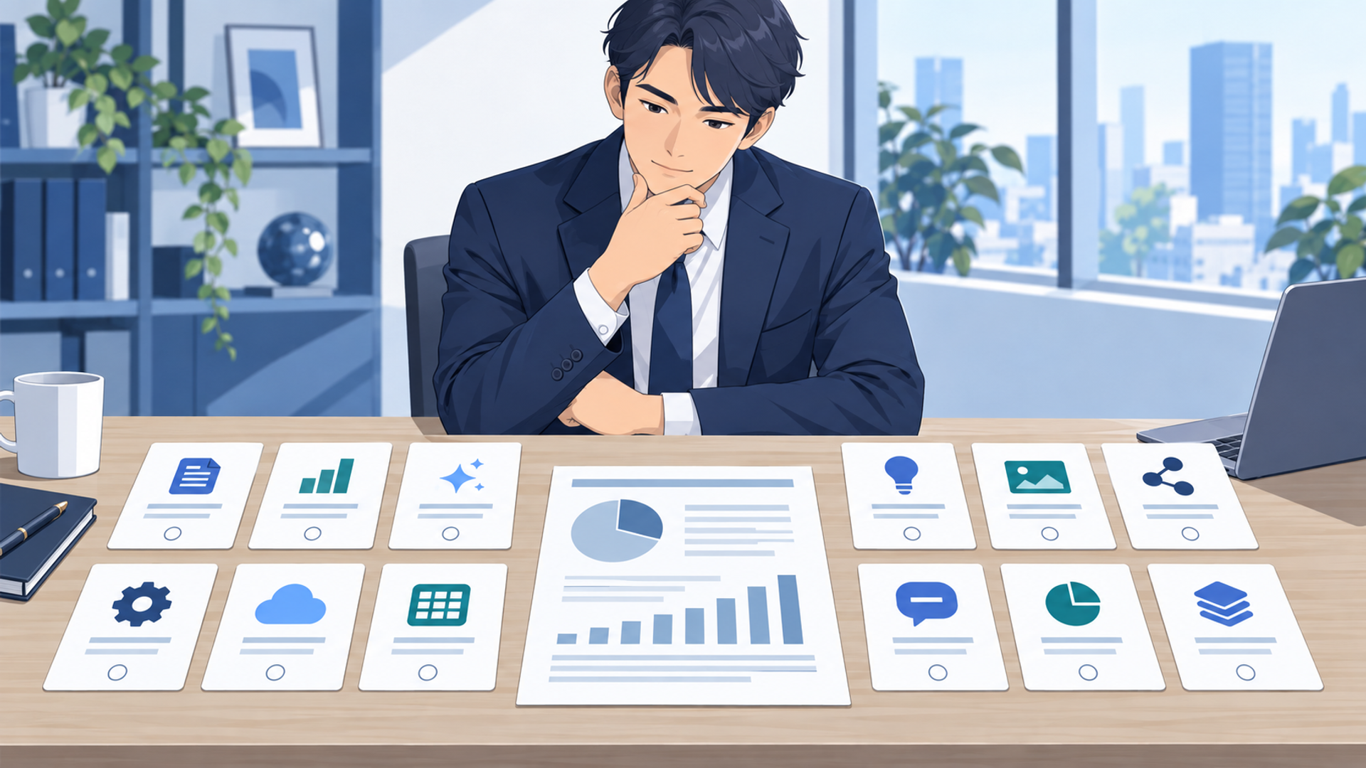 定例資料の作成・更新を自動化するおすすめAIツール10選を表す図解イラスト