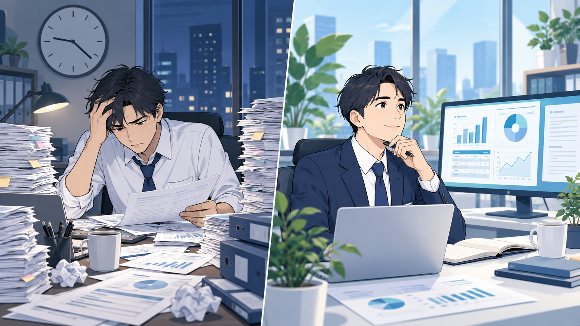 架空の導入シミュレーション：定例資料の自動化で変わる業務のBefore/Afterを表す図解イラスト