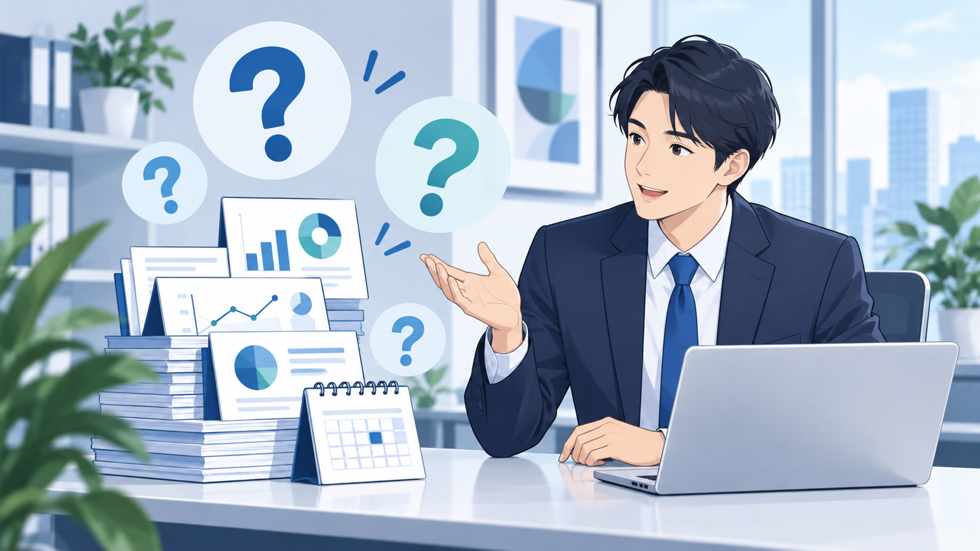 AIによる定例資料の自動更新に関するよくある質問（FAQ）を表す図解イラスト