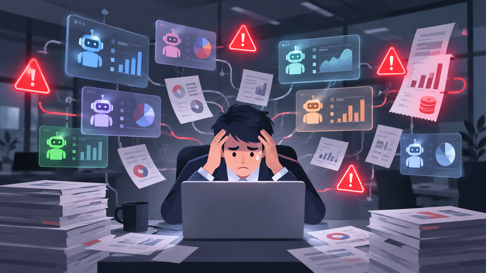 社内におけるAIツールの利用状況やコスト管理が抱える課題を表す図解イラスト