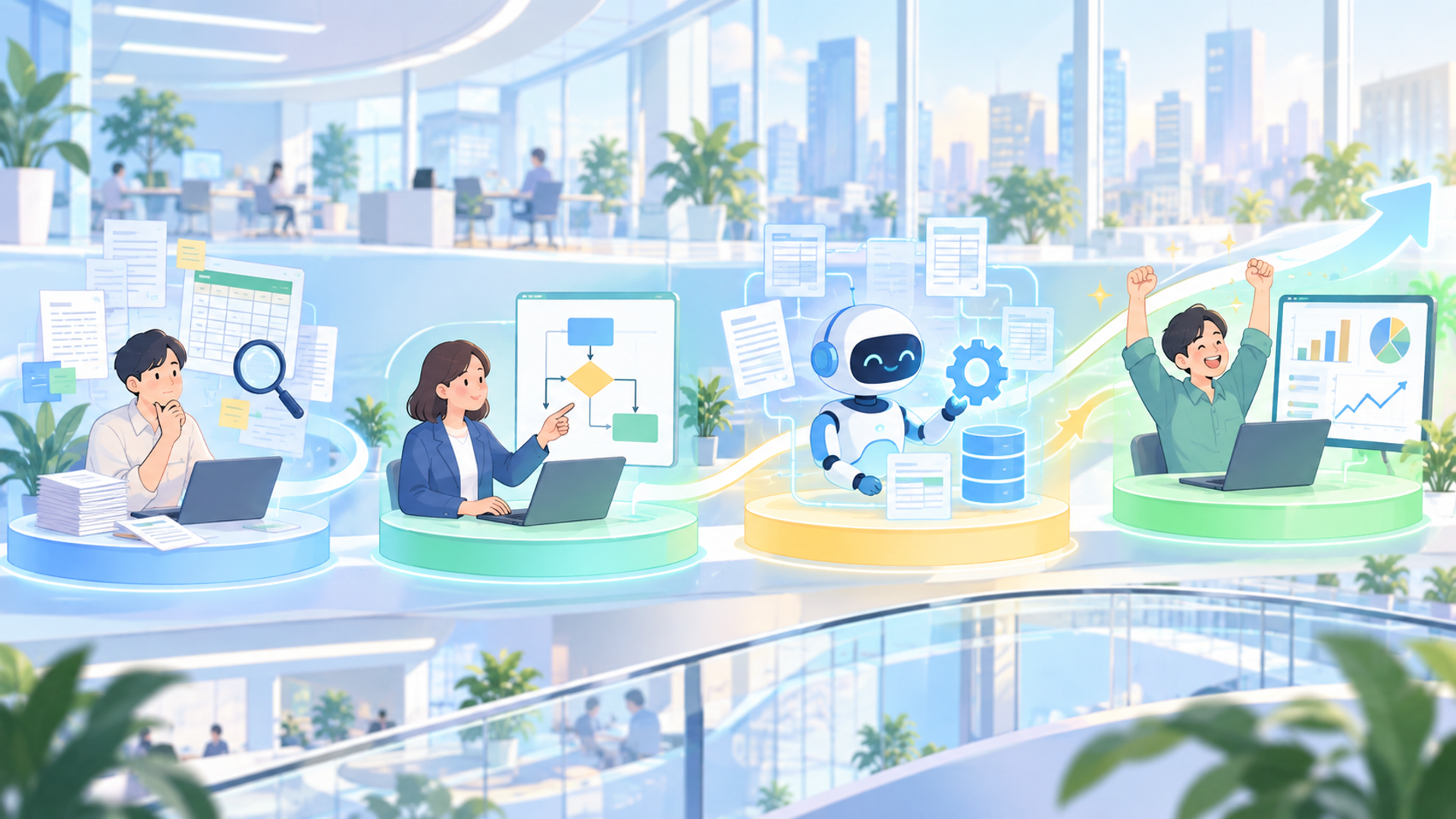 AIによる集計自動化をスムーズに導入する4つのステップを表す図解イラスト