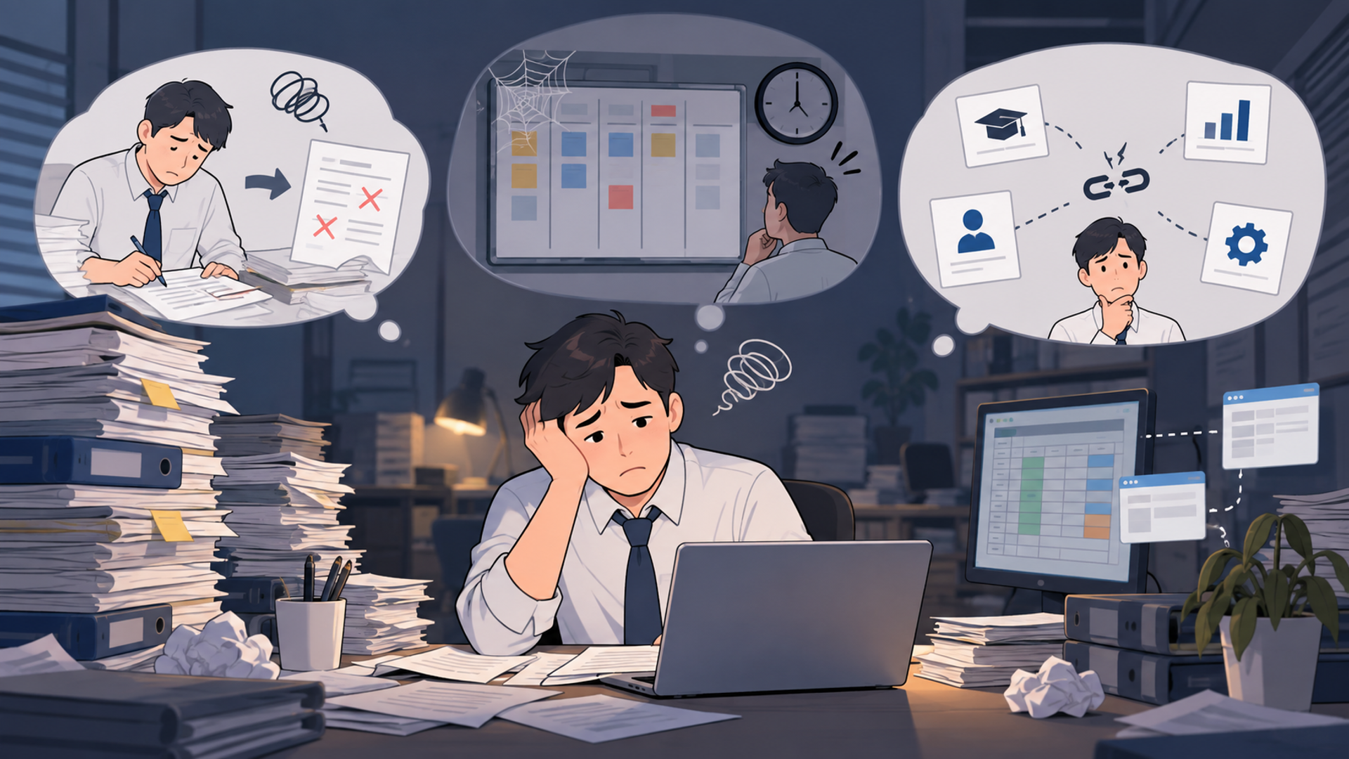 従来の研修管理における3つの課題を表す図解イラスト
