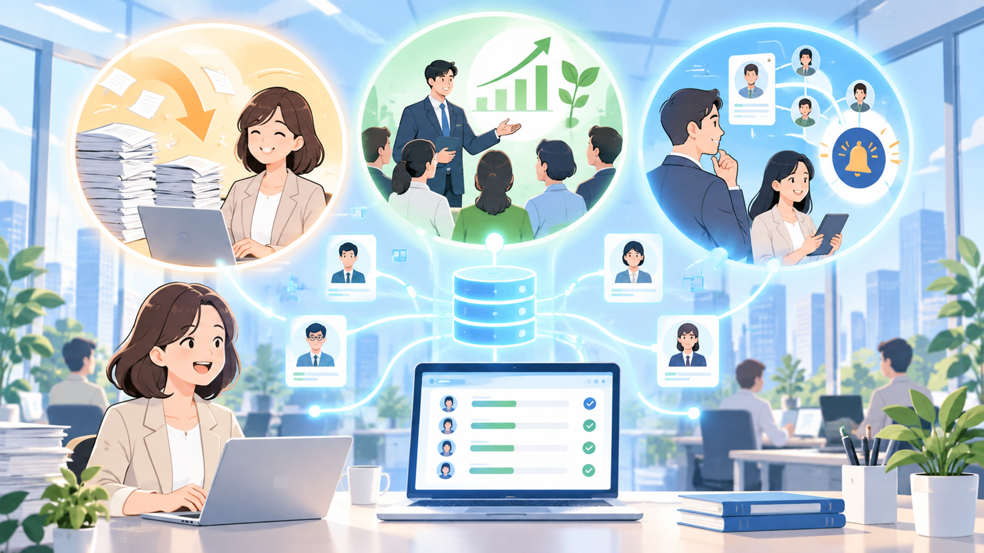 研修履歴管理を自動化する3つのメリットを表す図解イラスト