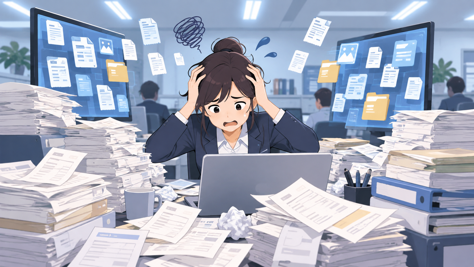 電子帳簿保存法への対応で増大する証憑回収業務の負担を表す図解イラスト