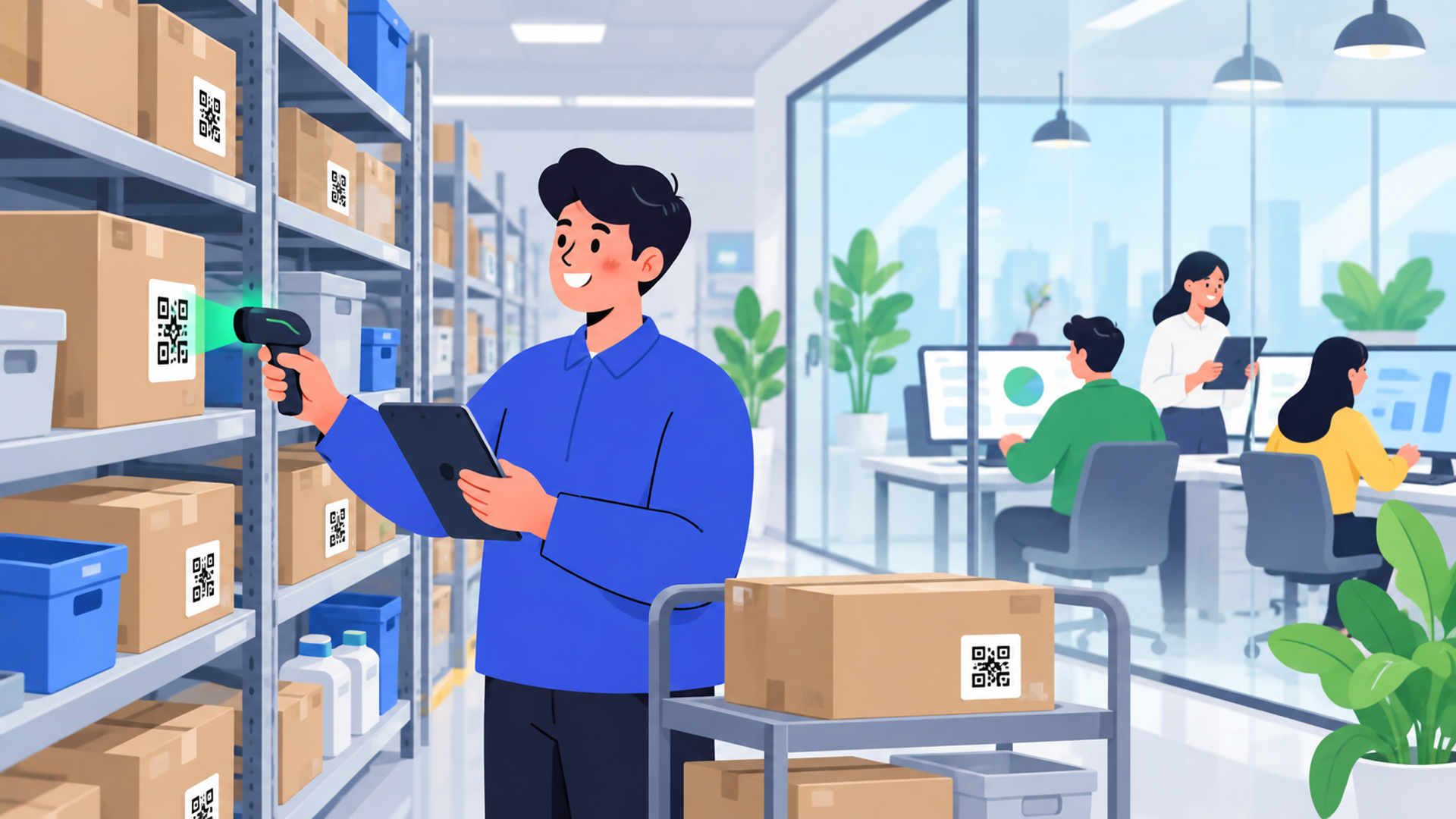 備品・在庫管理システムで業務効率化を実現した企業の事例を表す図解イラスト