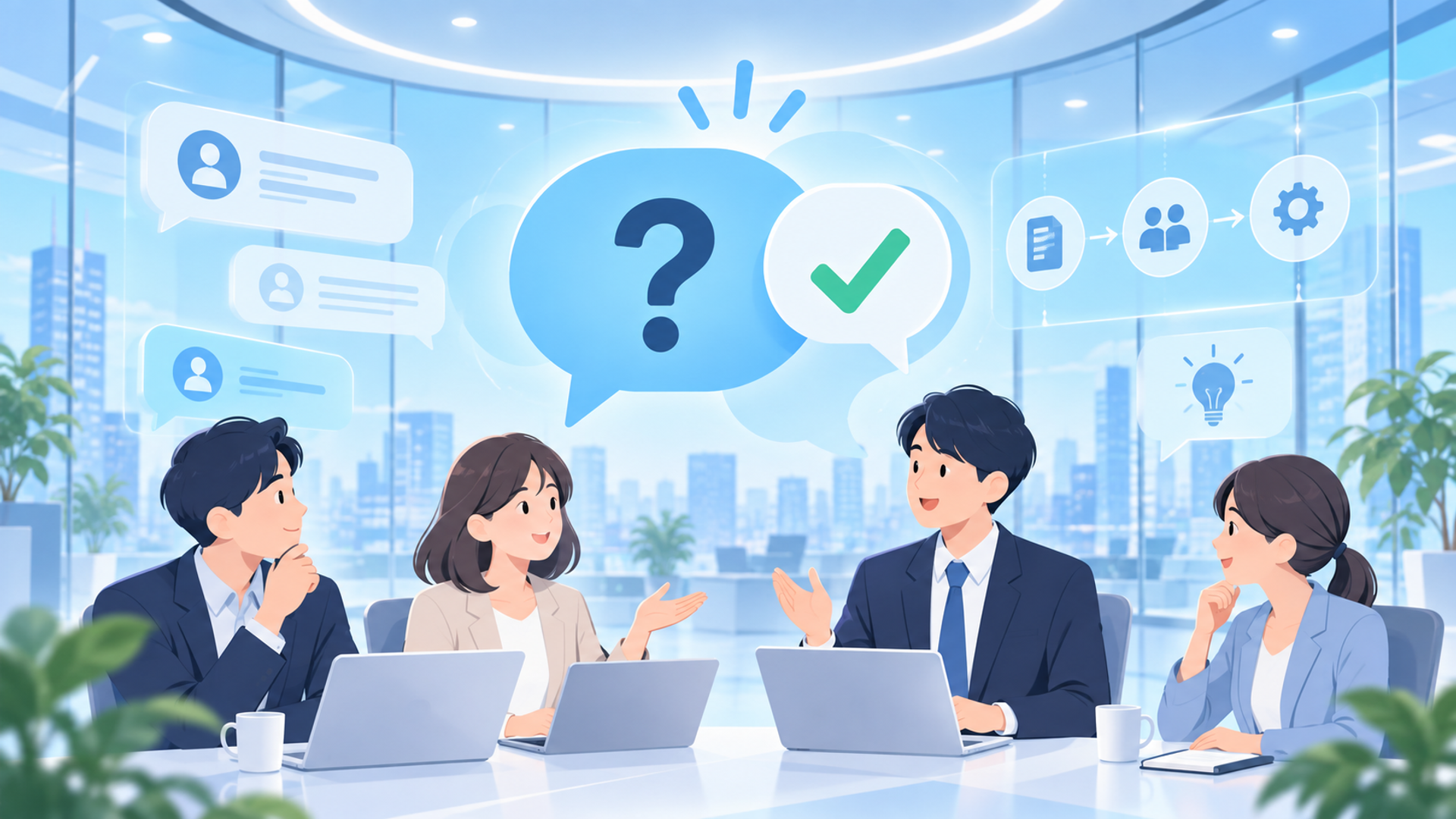 法人契約に関するよくある質問（FAQ）を表す図解イラスト