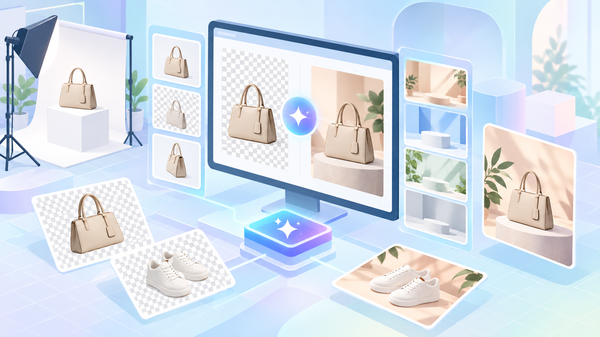 AIによるEC向け商品画像作成の基本機能を表す図解イラスト