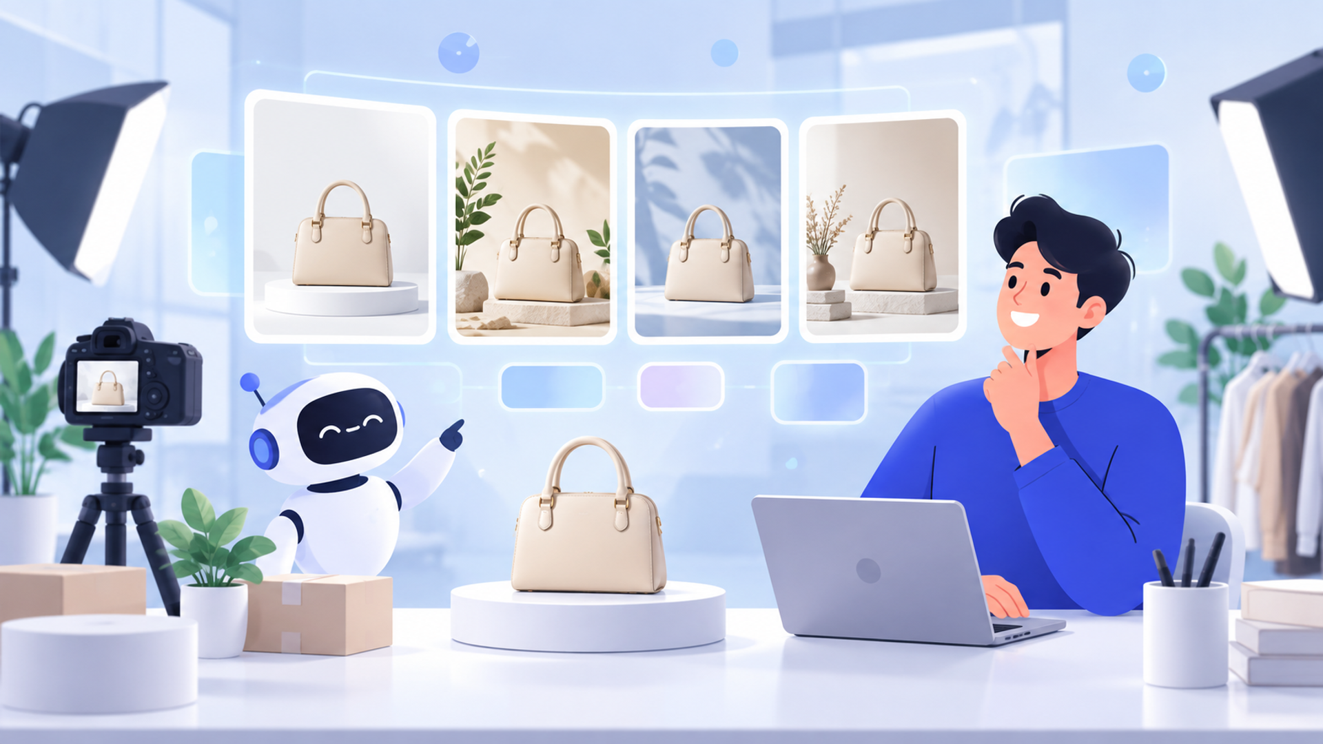 ECの商品画像を作成できるおすすめのAIツール4選を表す図解イラスト