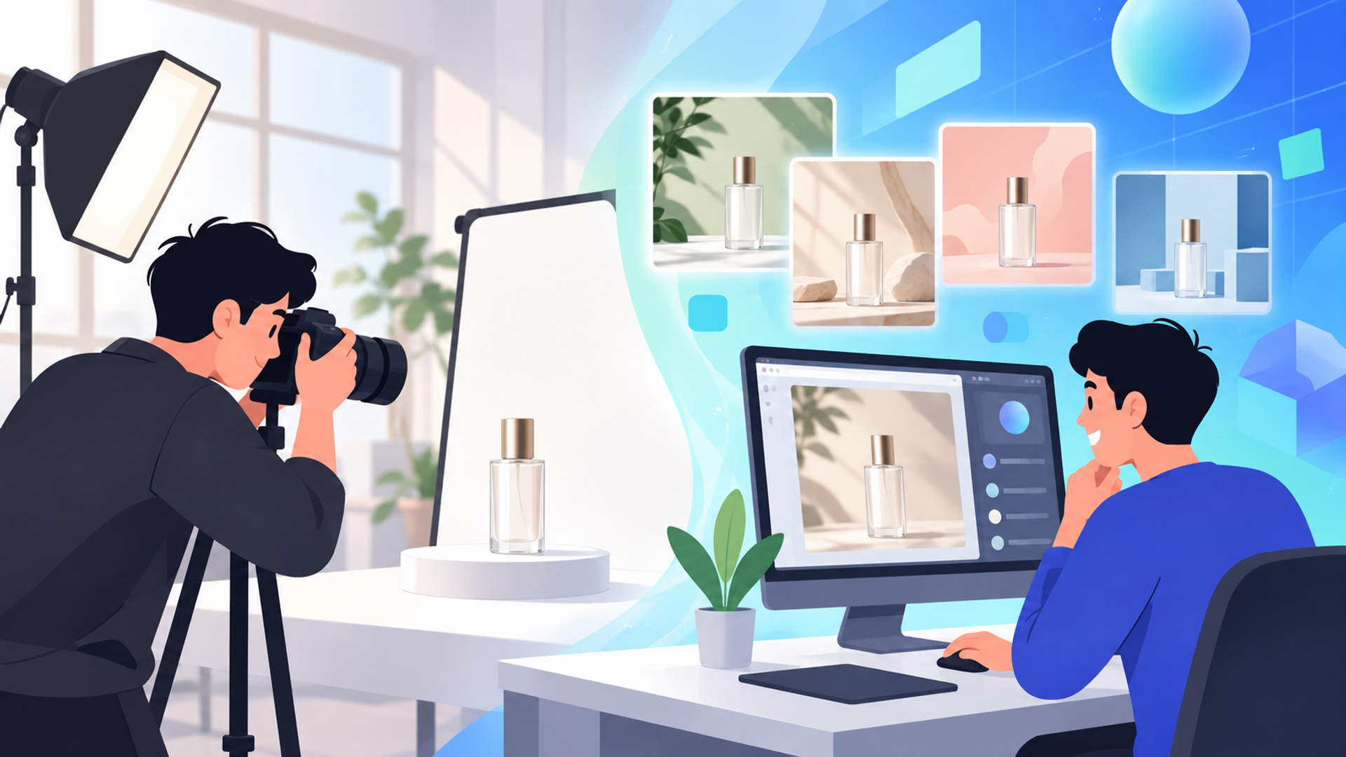 生成AIとプロのカメラマンの使い分けを表す図解イラスト