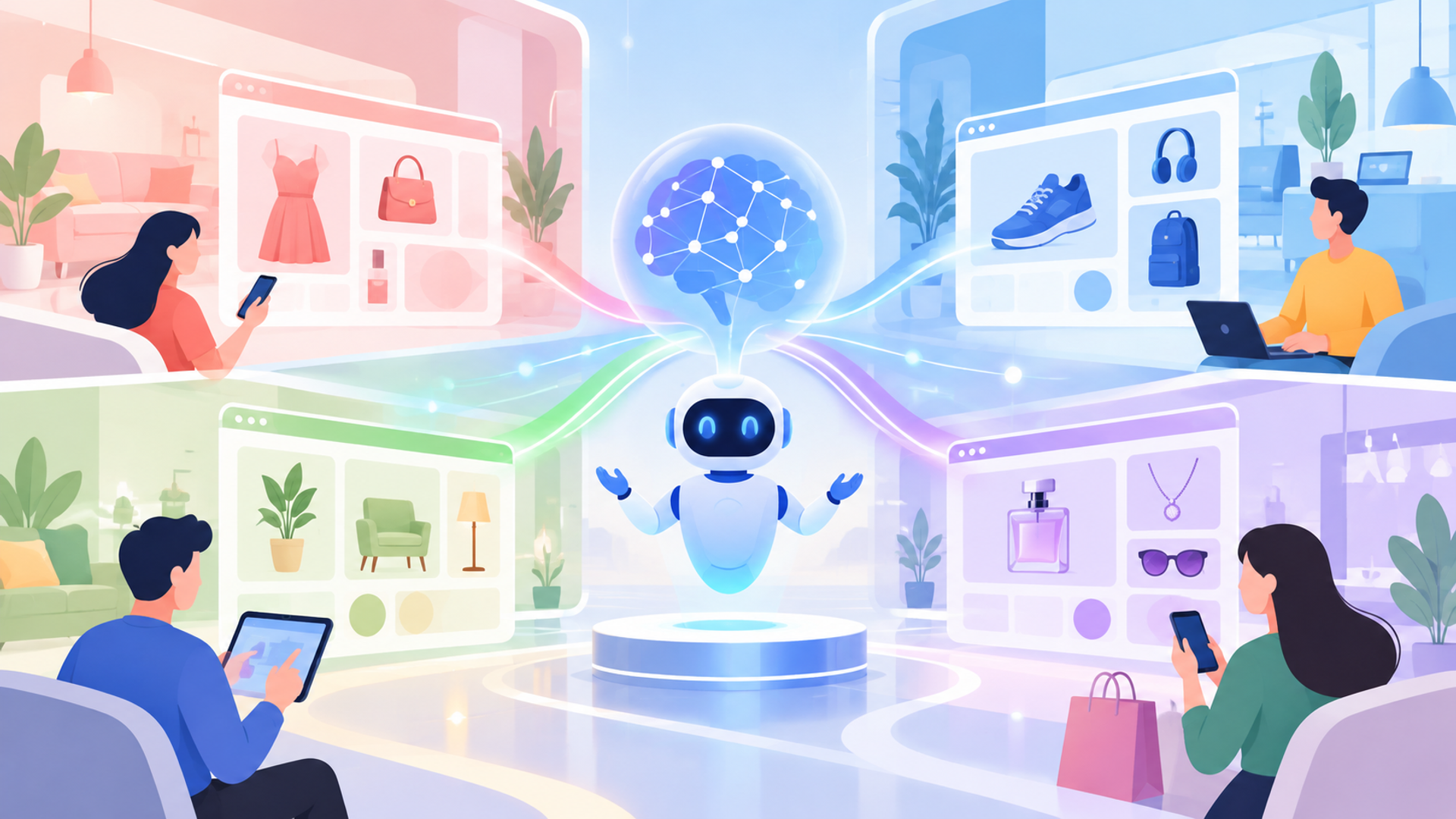 今後のEC業界におけるAI活用の展望を表す図解イラスト