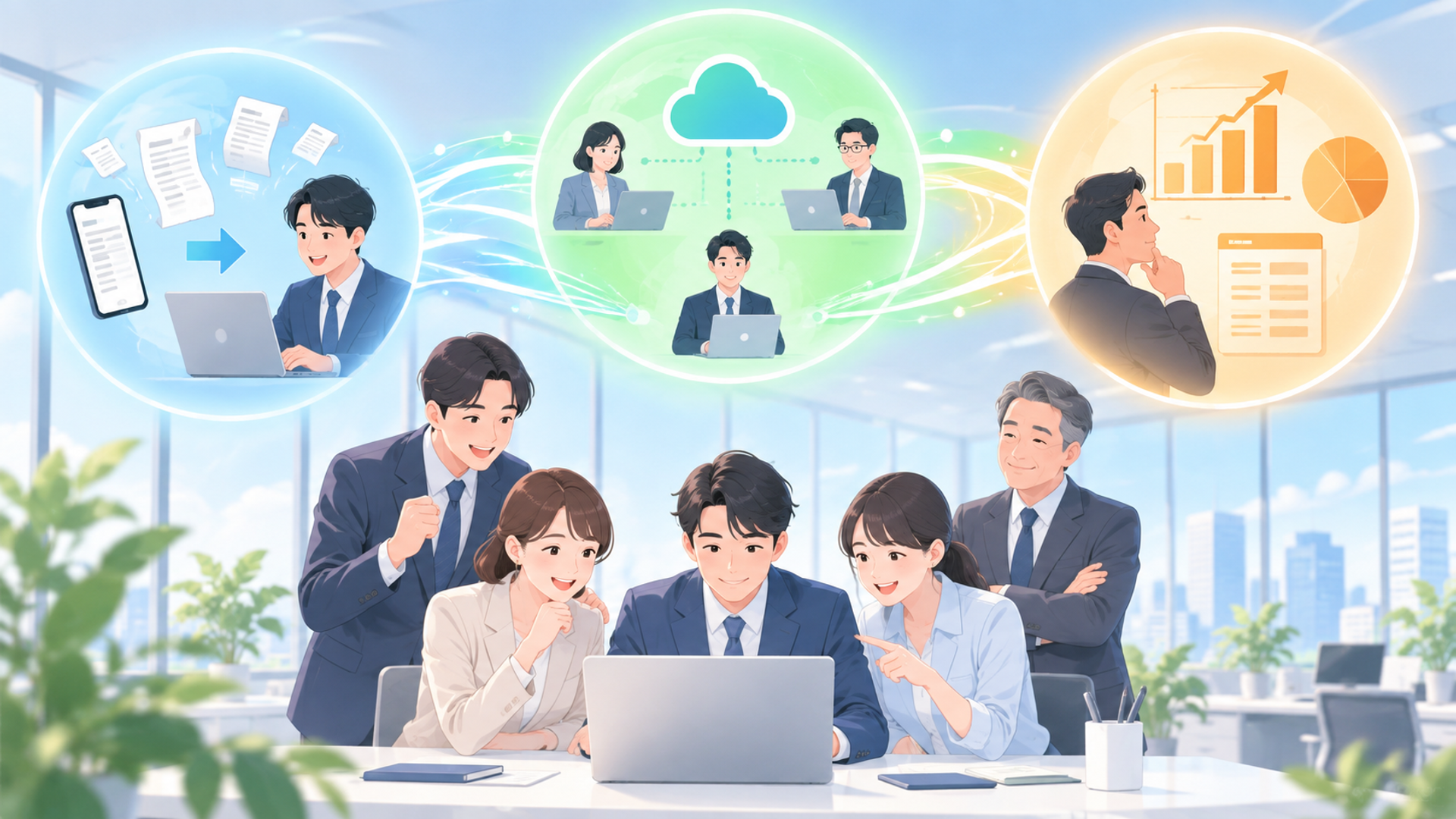 営業経費の集計を自動化する3つのメリットを表す図解イラスト