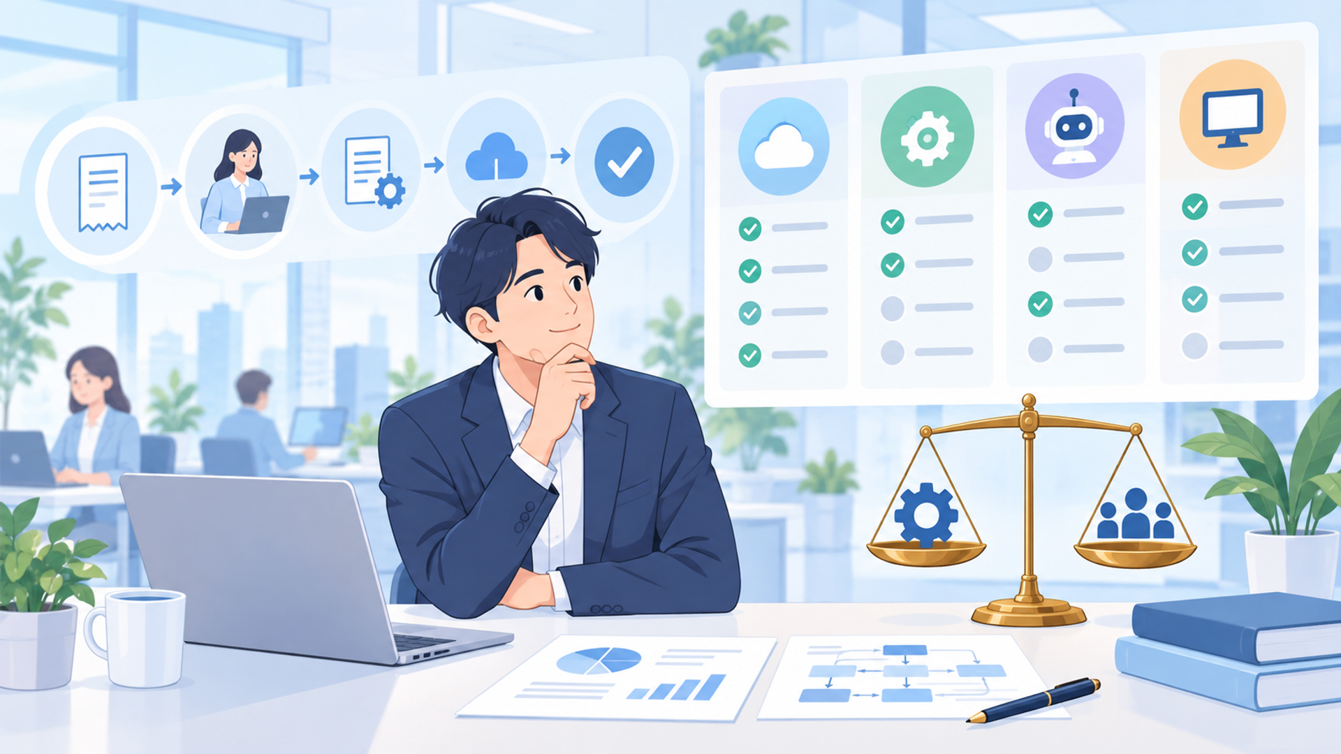 自社に最適な自動化ツールを選ぶための基準を表す図解イラスト