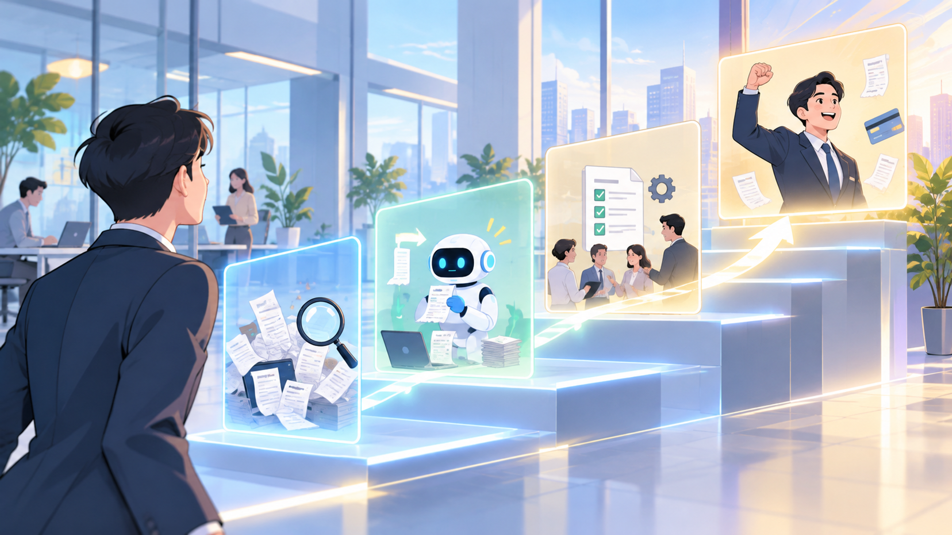 AIを活用した営業経費の自動化を成功させる導入手順を表す図解イラスト
