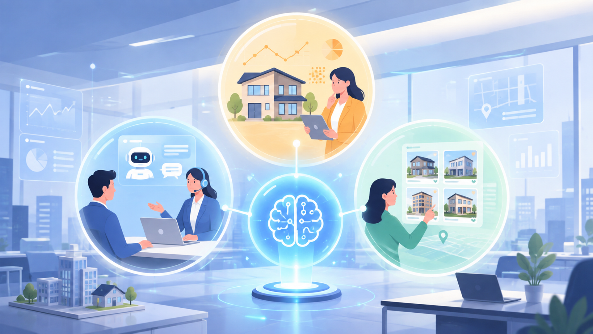 不動産業界でAIが活用されている3つの業務領域を表す図解イラスト