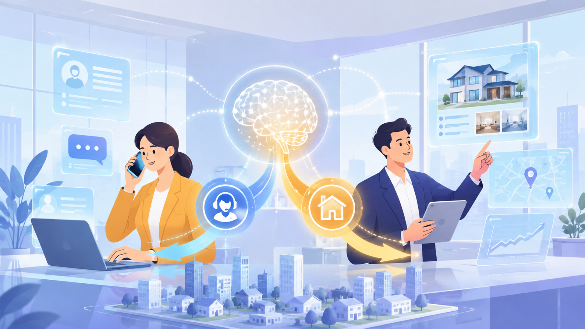 仲介営業の現場で本当に使える2つのAI活用法を表す図解イラスト