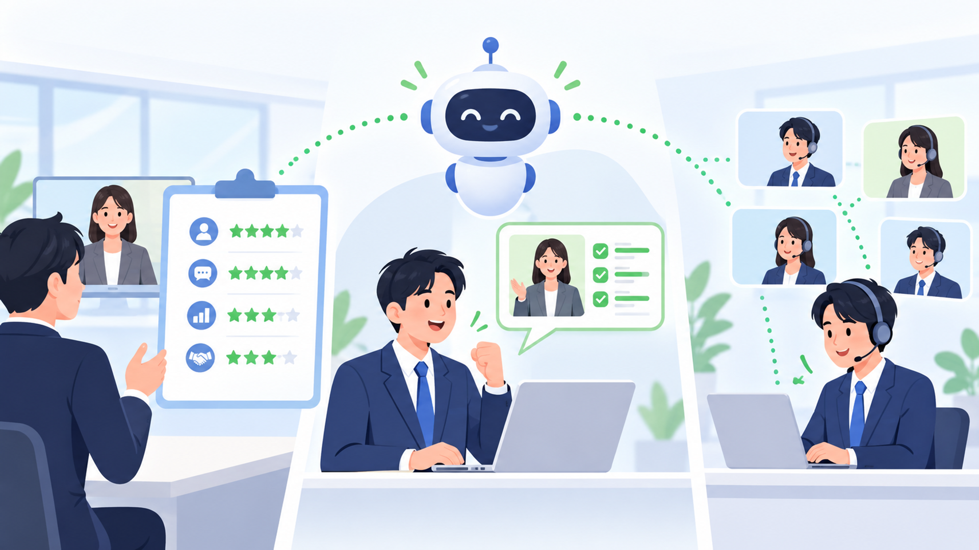 営業研修にAI評価を導入する3つのメリットを表す図解イラスト
