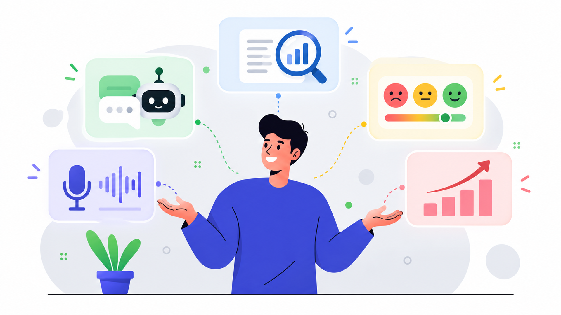営業スキルの向上に役立つおすすめのAI評価サービス5選を表す図解イラスト