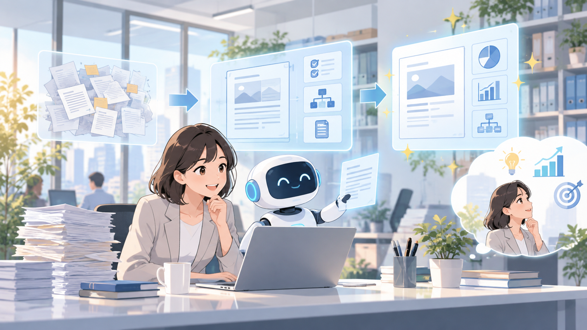 生成AIを活用して資料作成を効率化するメリットを表す図解イラスト