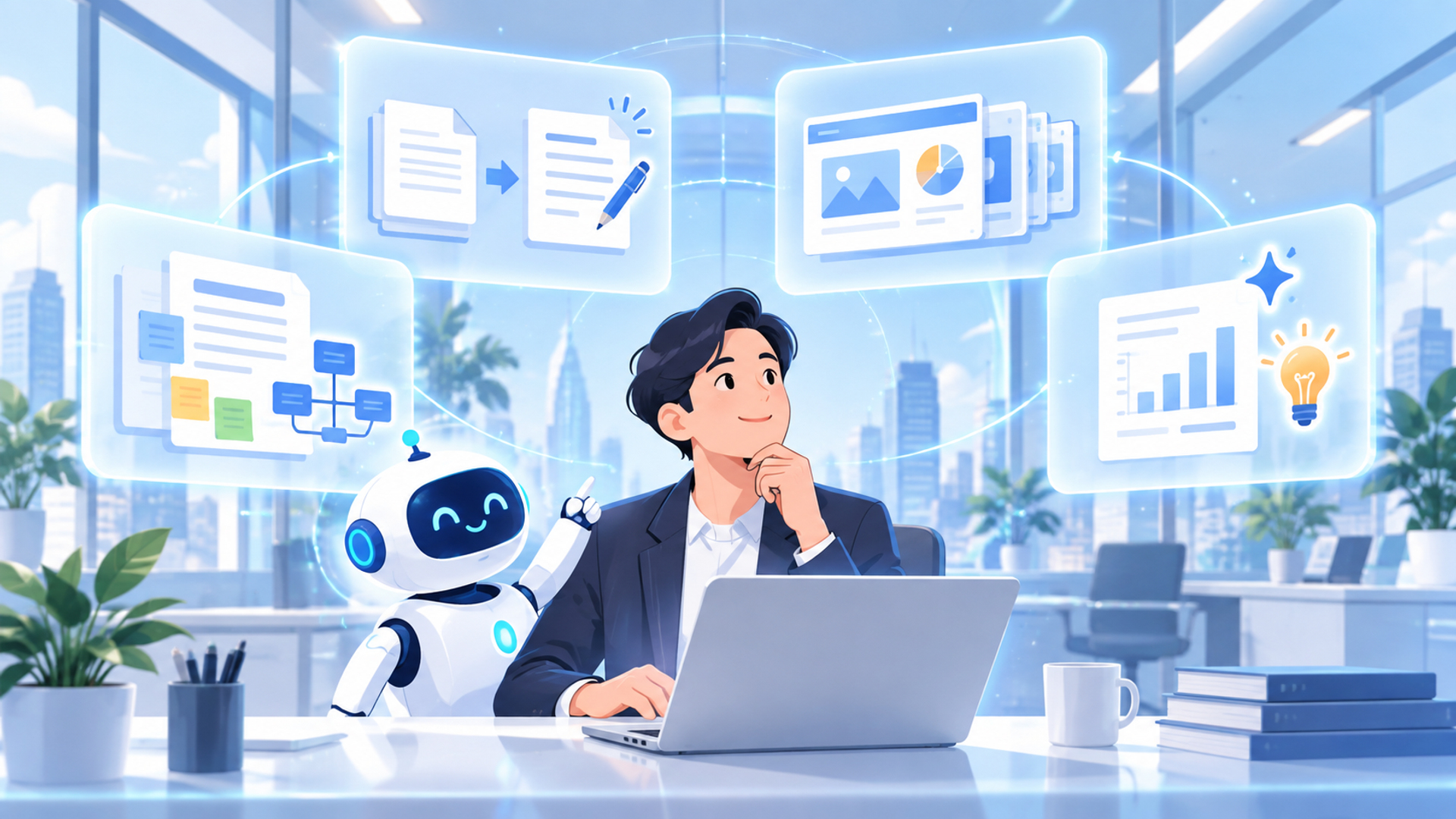 意思決定資料の作成を効率化するAIツール4選を表す図解イラスト