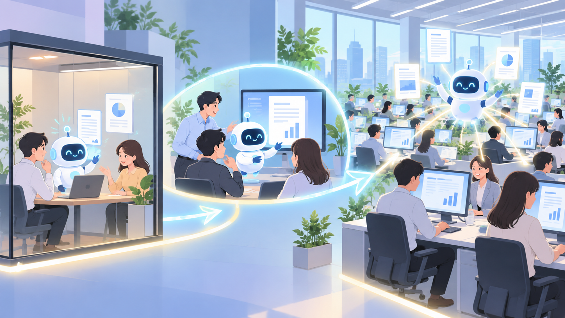 AIを活用した資料作成効率化を社内に導入するステップを表す図解イラスト