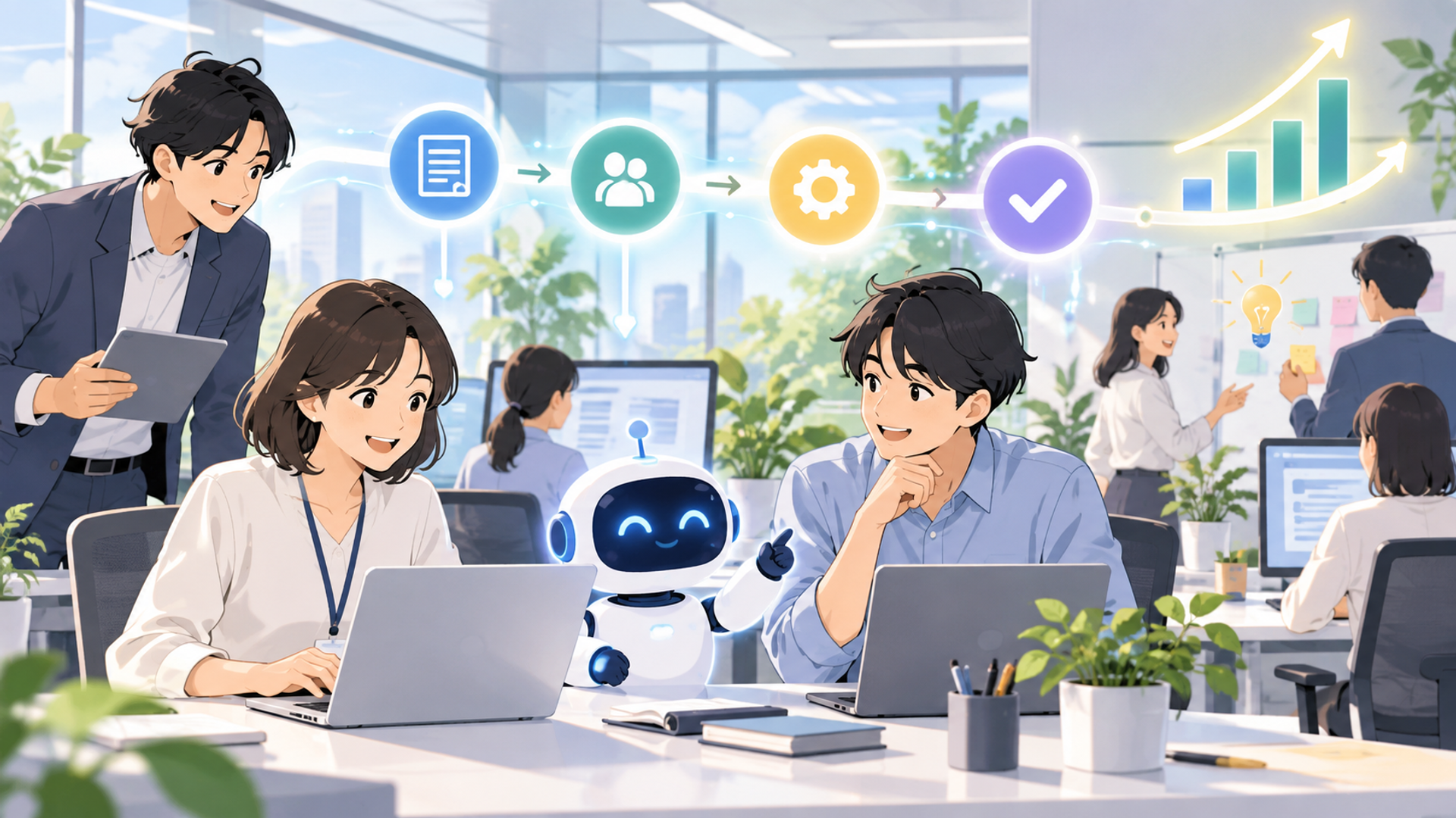 AIツールを社内に定着させ業務に組み込む方法を表す図解イラスト