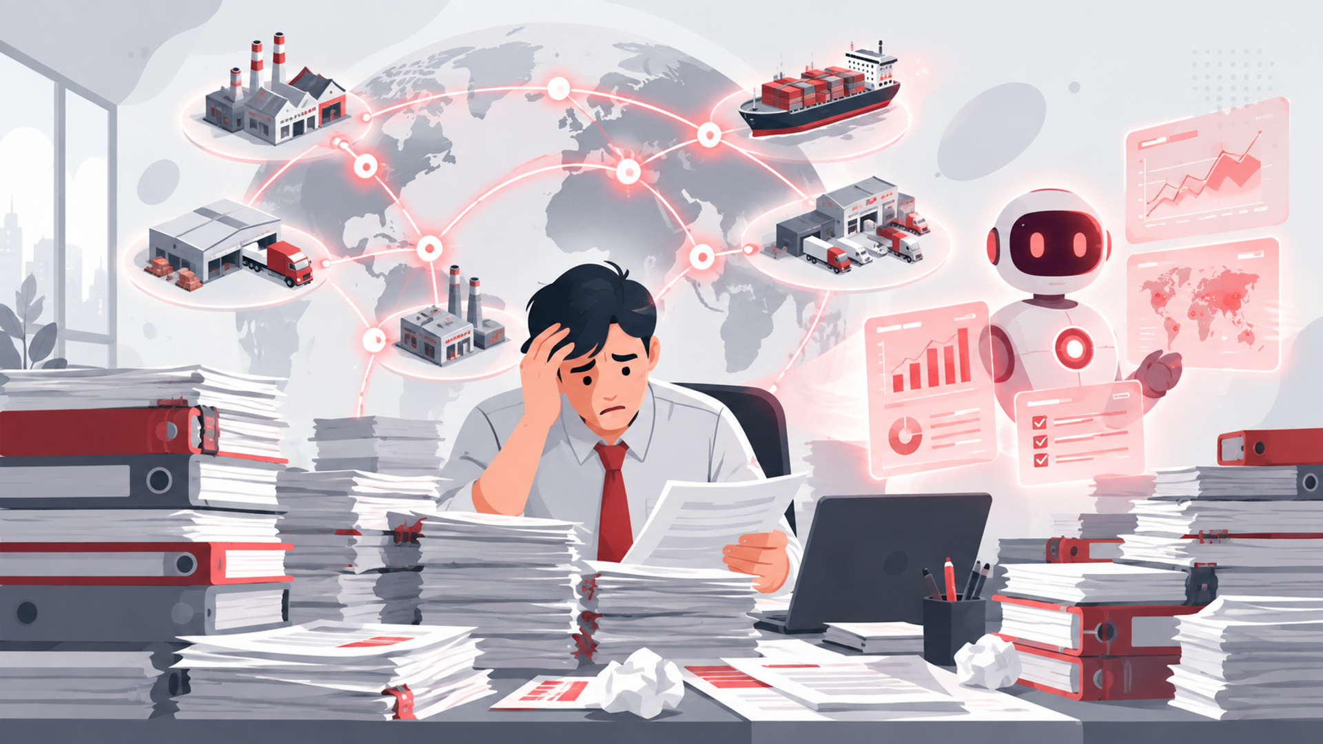 AIによる仕入先評価の効率化が求められる背景と従来の課題を表す図解イラスト