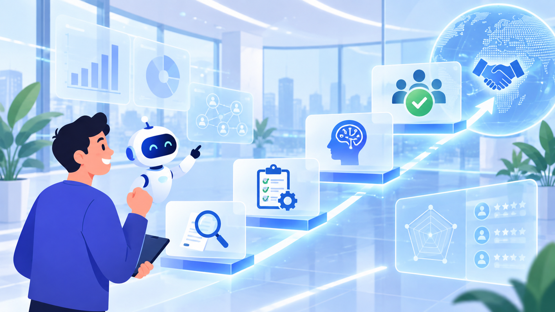 AIによる仕入先評価の効率化を実現する4つのステップを表す図解イラスト