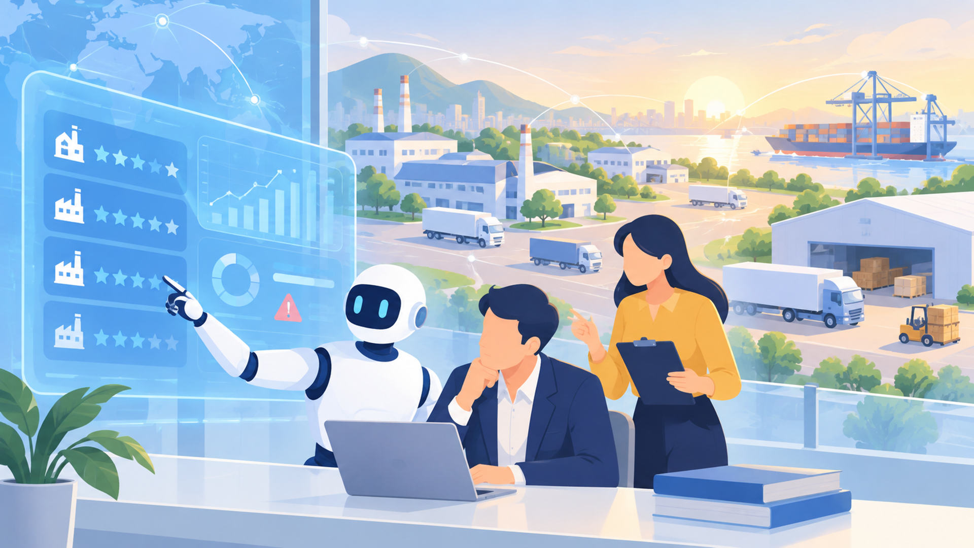 AIによる仕入先評価の導入時に注意すべきポイントを表す図解イラスト