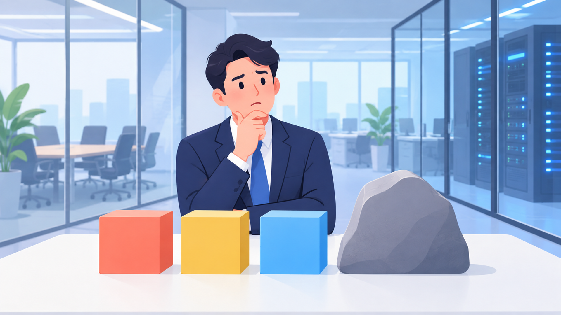 AI導入が進まない企業に共通する3つのボトルネックを表す図解イラスト