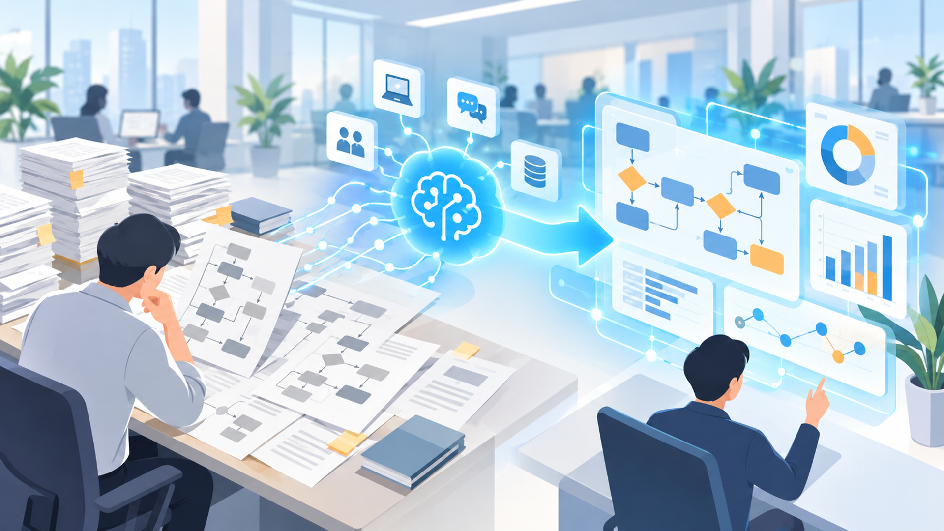 AIを活用した業務可視化の基本と従来手法との違いを表す図解イラスト