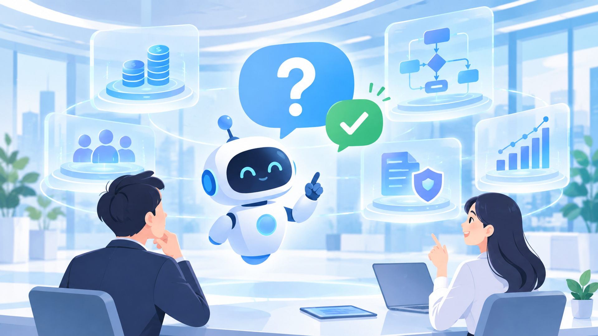AIによる業務可視化に関するよくある質問(FAQ)を表す図解イラスト