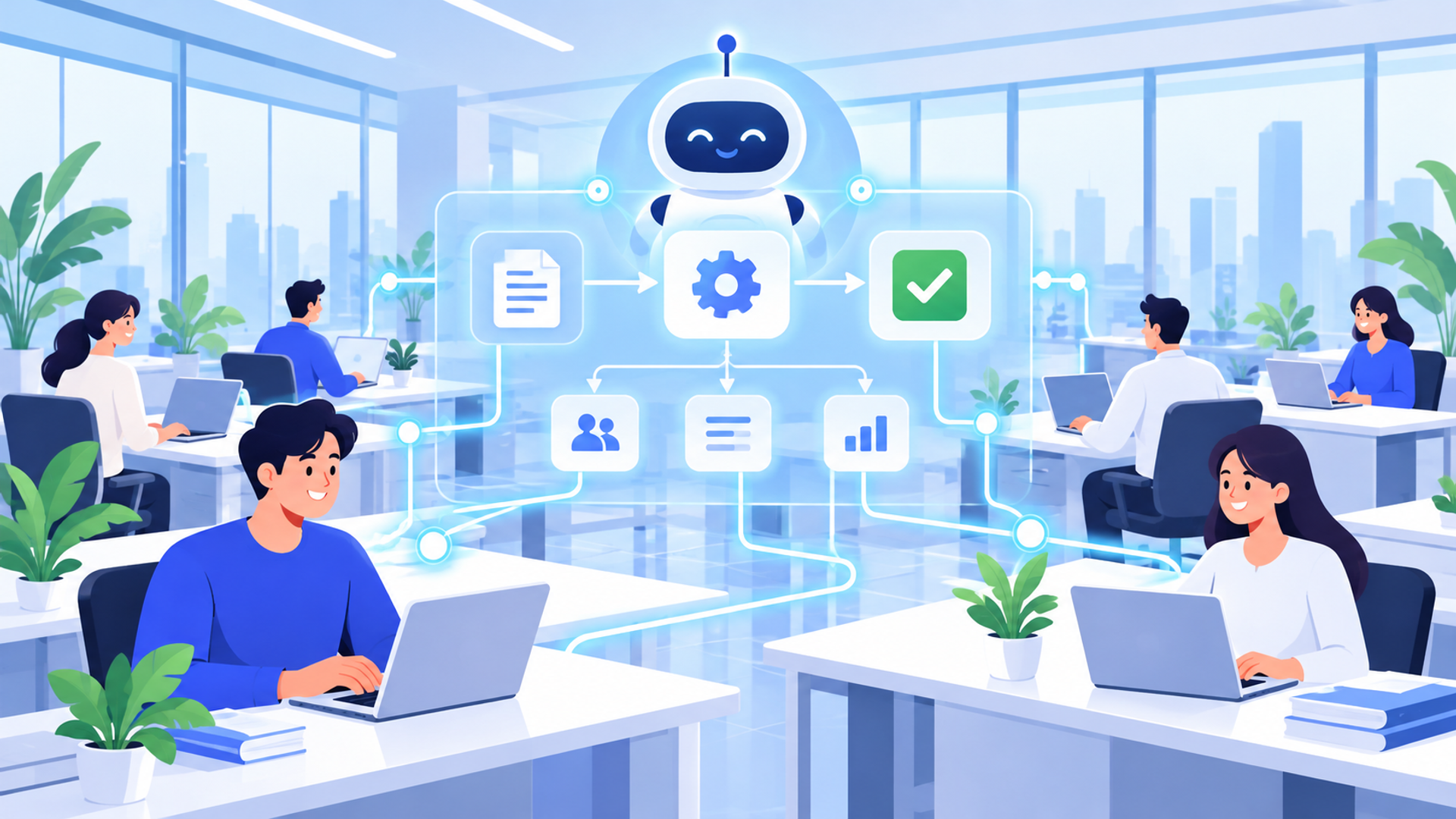 AI時代における業務標準化の重要性とメリットを表す図解イラスト