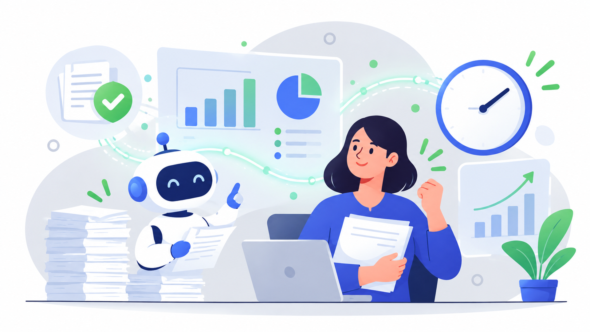AIの導入が経理部門にもたらす主なメリットを表す図解イラスト