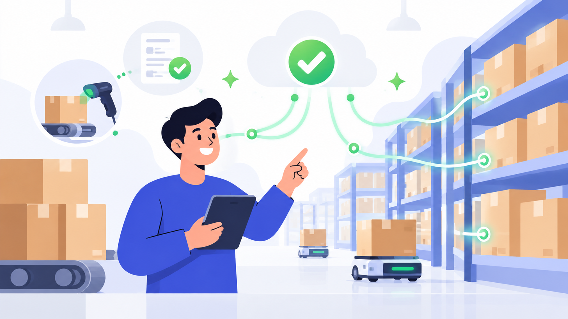入出庫登録を自動化するメリットを表す図解イラスト