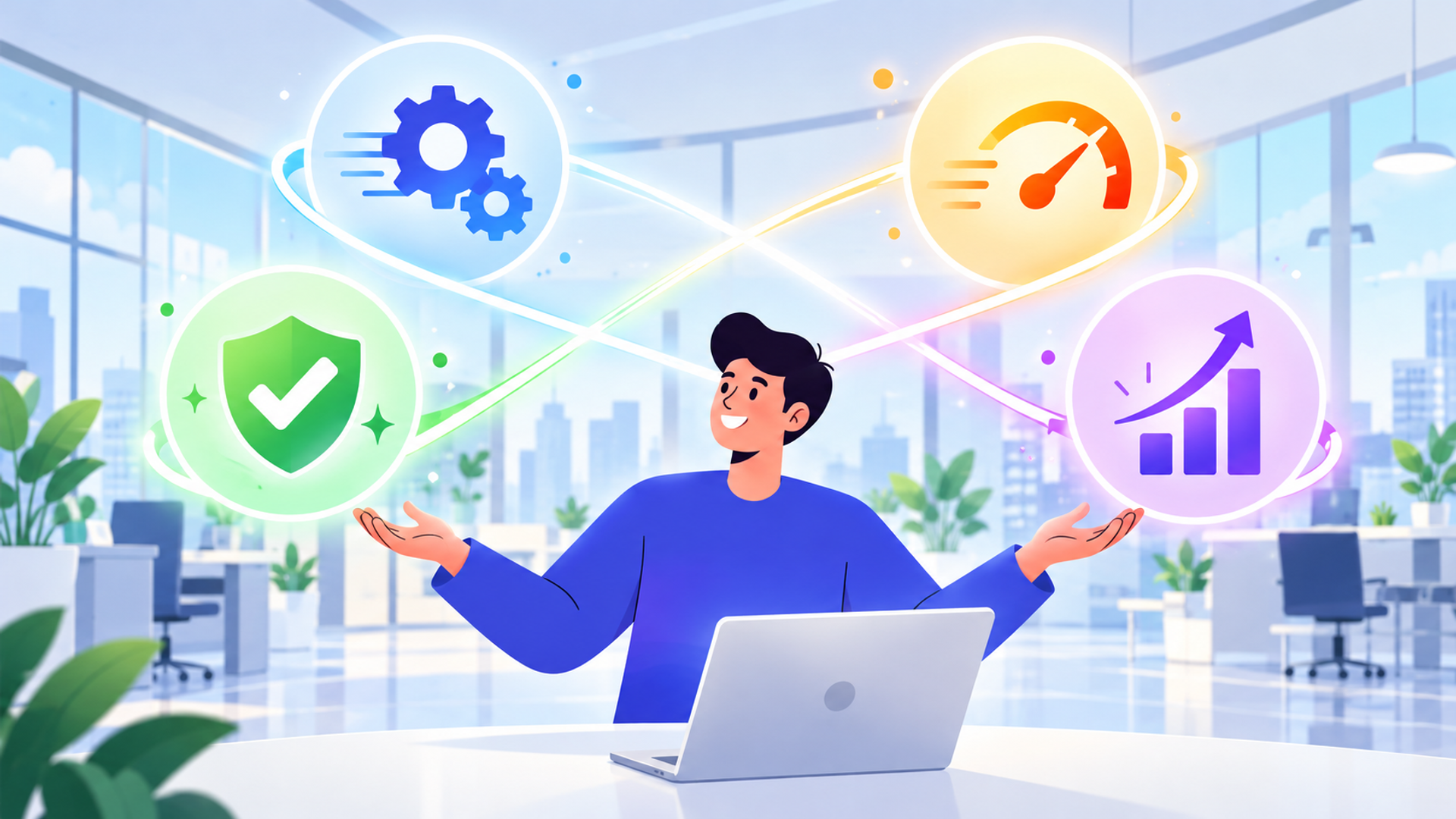 導入によって得られる4つの事業メリットを表す図解イラスト