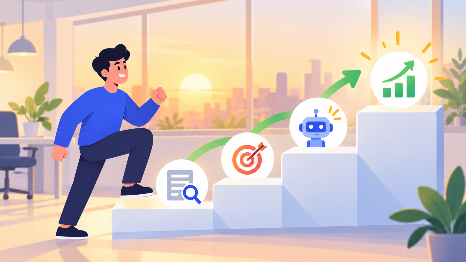残業削減を推進するための導入ステップを表す図解イラスト