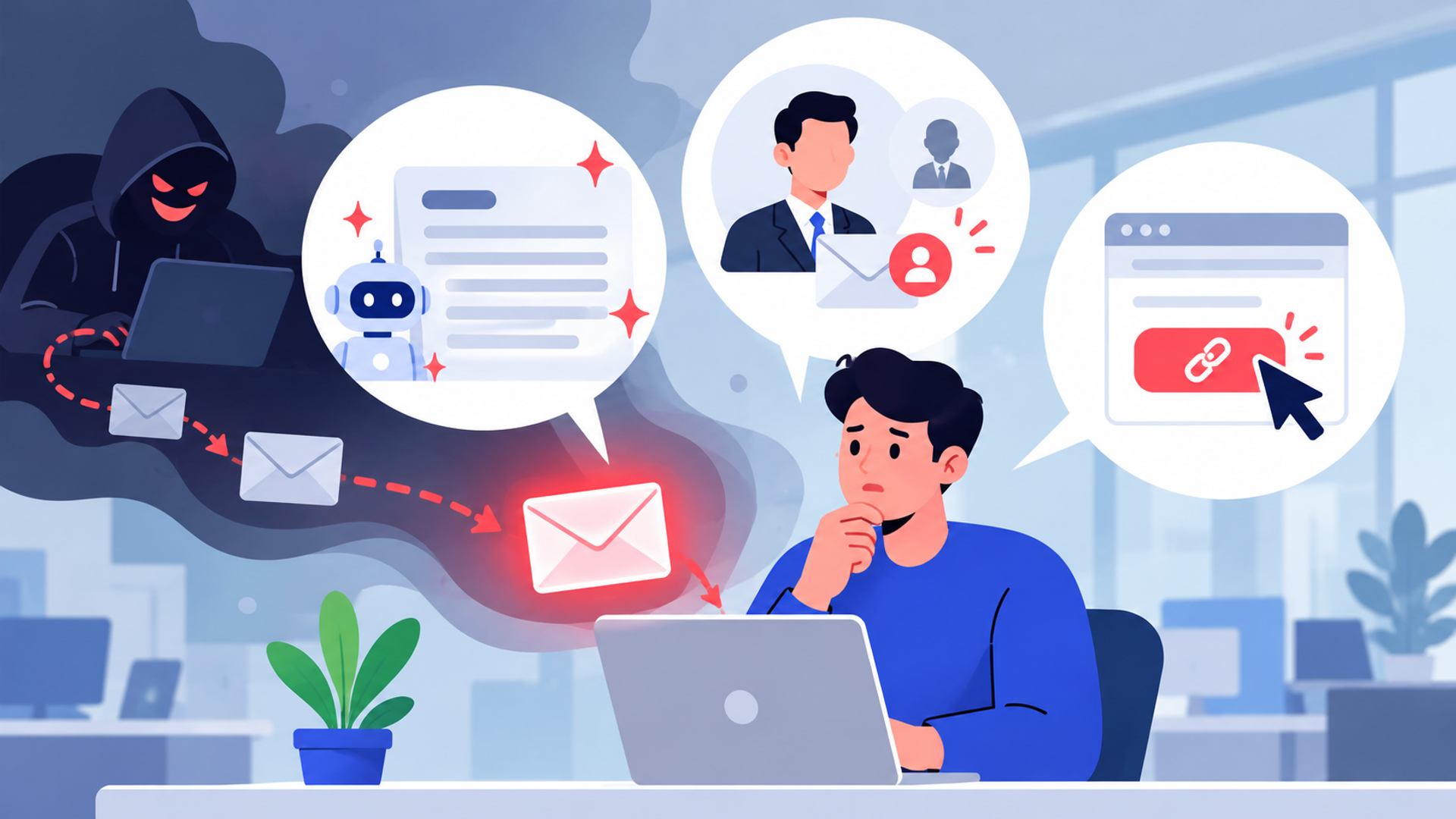 生成AIを悪用したフィッシングメールの3つの特徴を表す図解イラスト