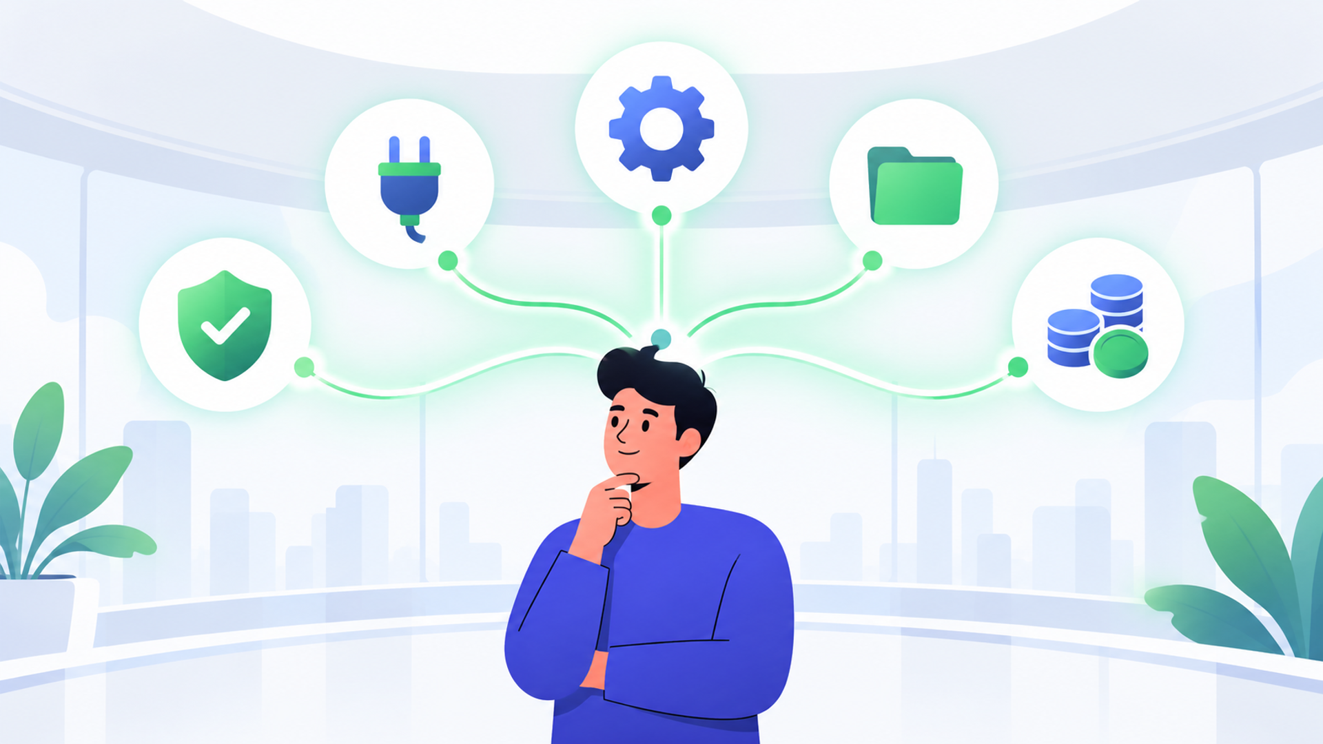 自社に最適なツールを選ぶための5つの基準を表す図解イラスト